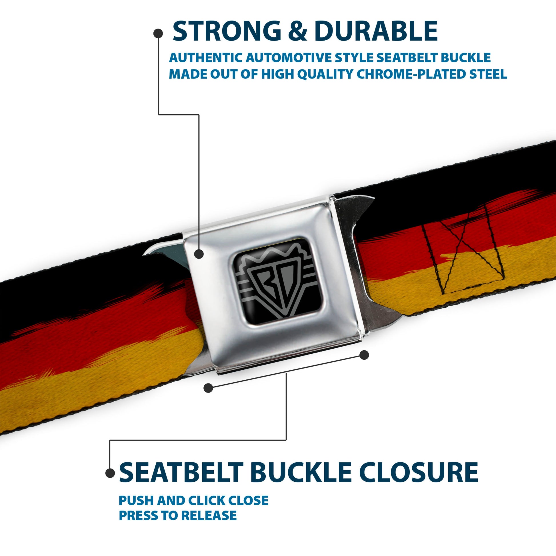 BD Wings Logo CLOSE-UP Full Color Black Silver Seatbelt Belt - German Flag Stripes Distressed Painting Webbing Seatbelt Belts Buckle-Down