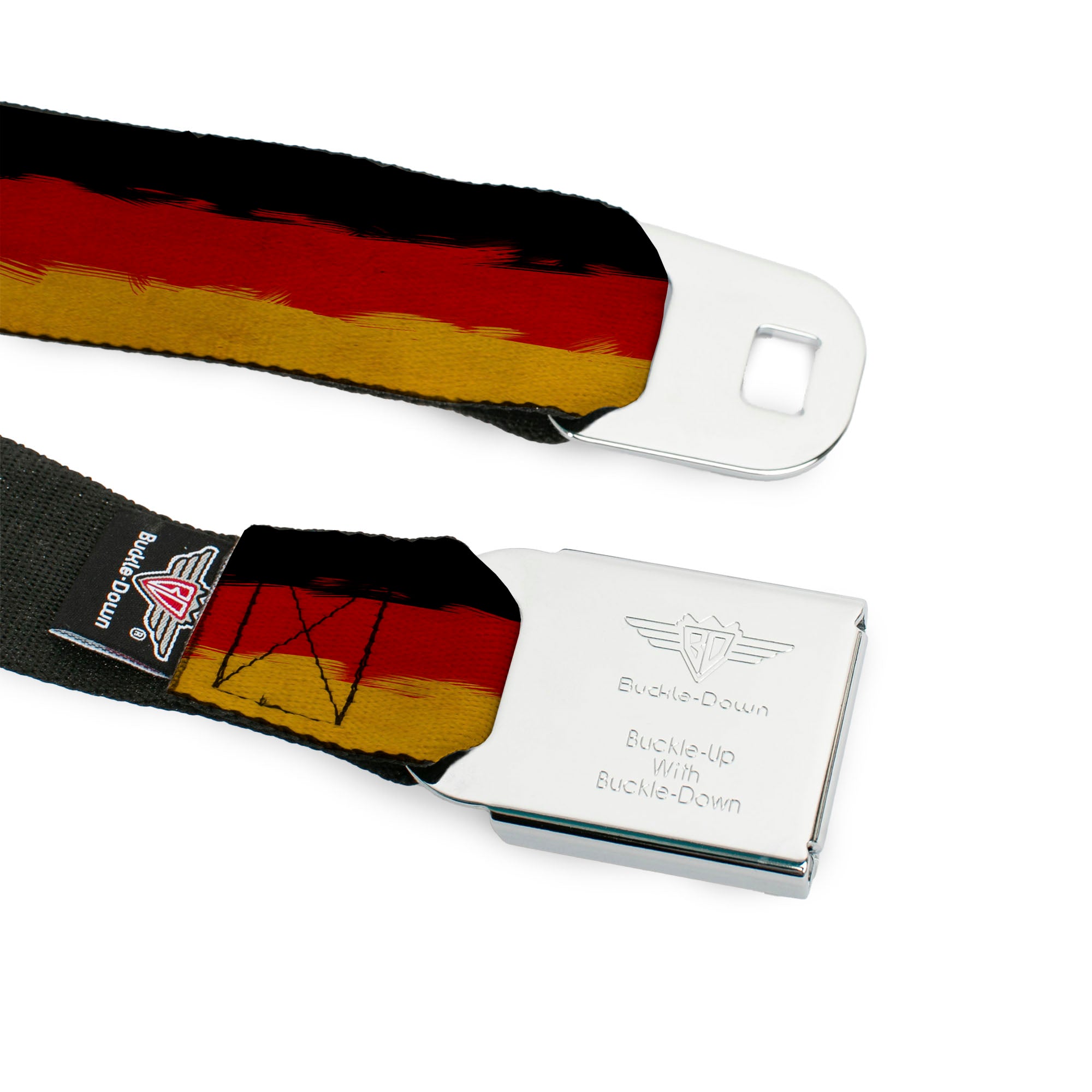 BD Wings Logo CLOSE-UP Full Color Black Silver Seatbelt Belt - German Flag Stripes Distressed Painting Webbing Seatbelt Belts Buckle-Down