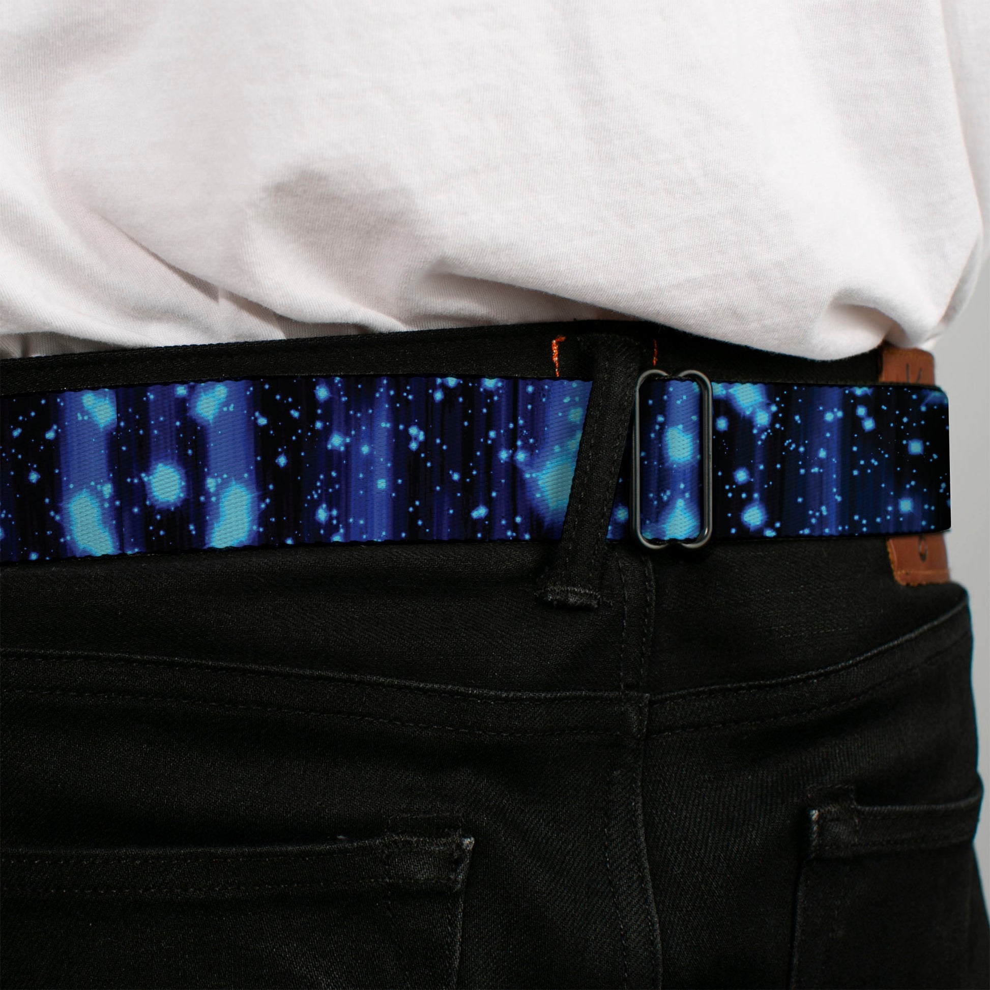 BD Wings Logo CLOSE-UP Full Color Black Silver Seatbelt Belt - Galaxy Sparkle Black/Blue-Purple Fade Webbing Seatbelt Belts Buckle-Down