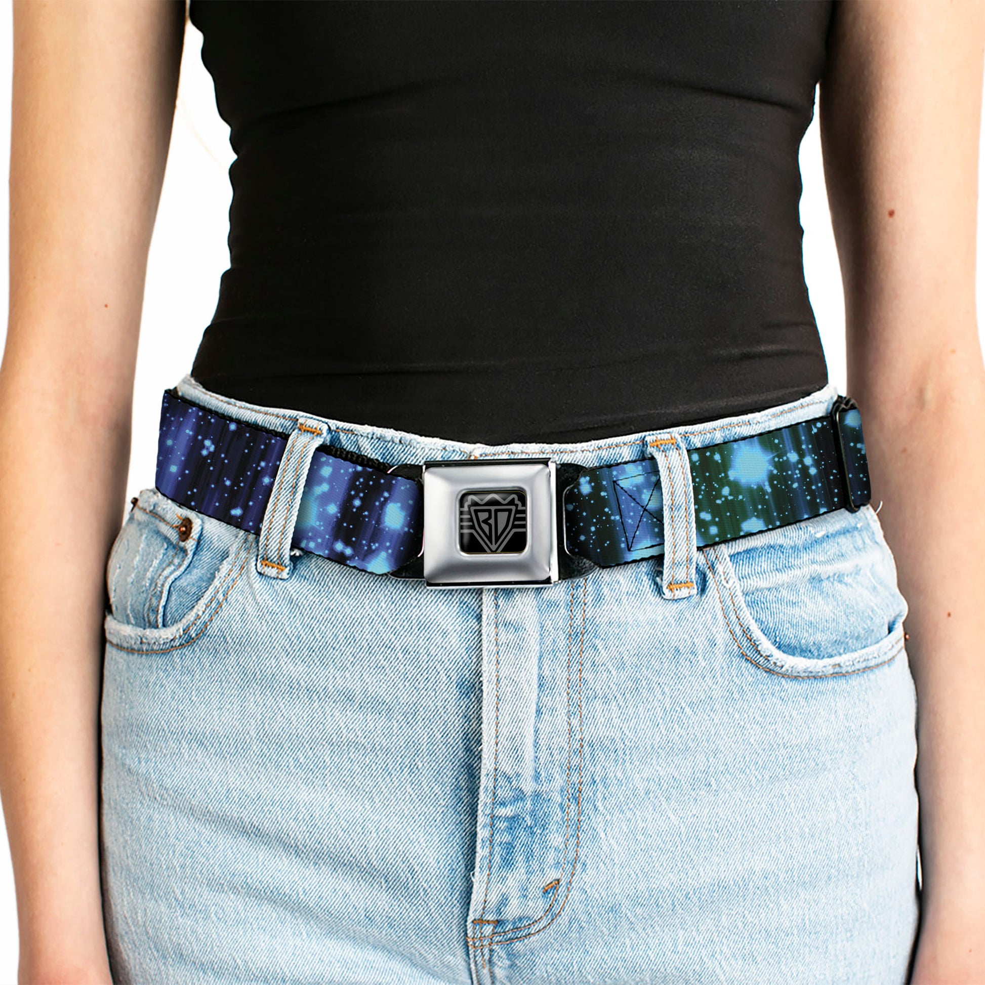 BD Wings Logo CLOSE-UP Full Color Black Silver Seatbelt Belt - Galaxy Sparkle Black/Blue-Purple Fade Webbing Seatbelt Belts Buckle-Down