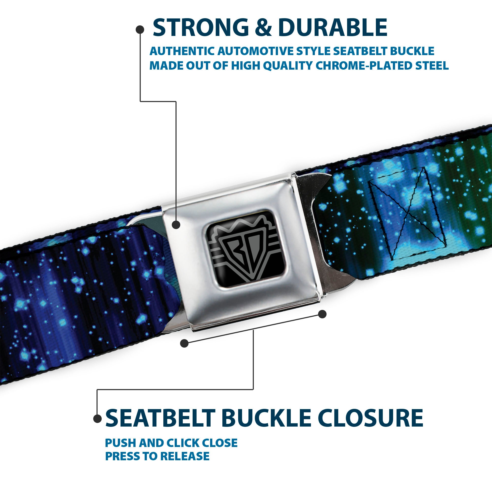 BD Wings Logo CLOSE-UP Full Color Black Silver Seatbelt Belt - Galaxy Sparkle Black/Blue-Purple Fade Webbing Seatbelt Belts Buckle-Down