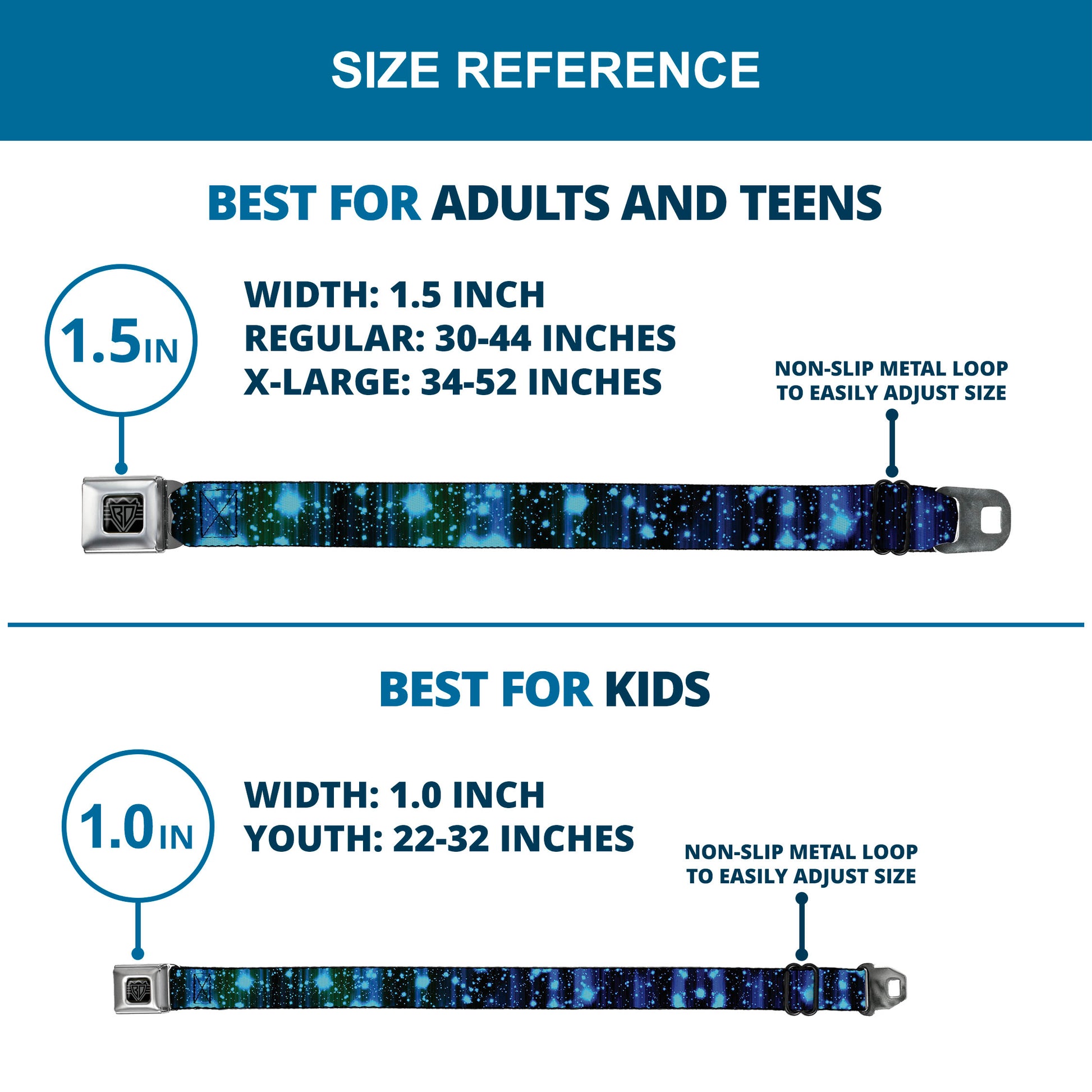 BD Wings Logo CLOSE-UP Full Color Black Silver Seatbelt Belt - Galaxy Sparkle Black/Blue-Purple Fade Webbing Seatbelt Belts Buckle-Down