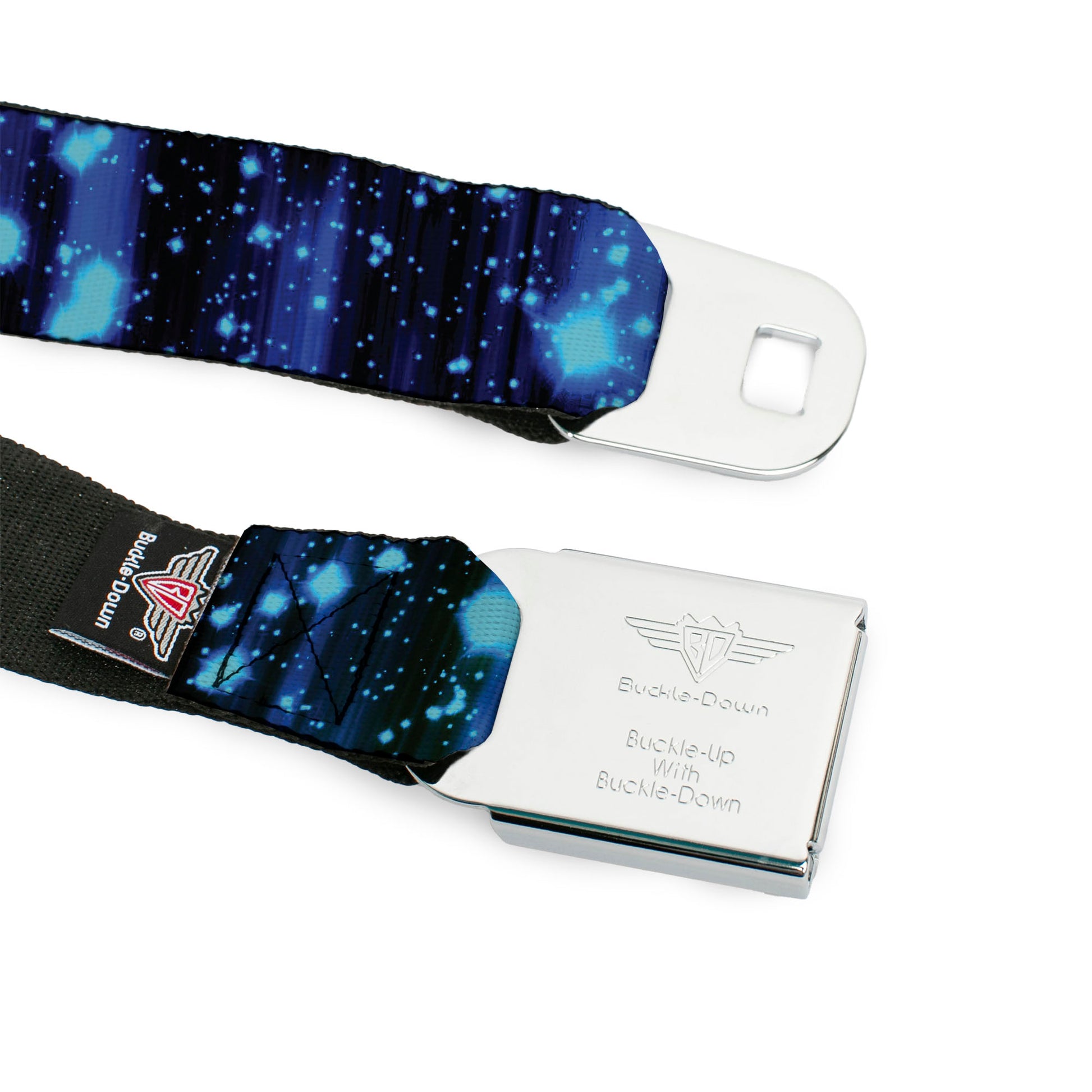 BD Wings Logo CLOSE-UP Full Color Black Silver Seatbelt Belt - Galaxy Sparkle Black/Blue-Purple Fade Webbing Seatbelt Belts Buckle-Down