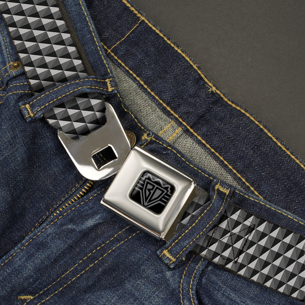 BD Wings Logo CLOSE-UP Black/Silver Seatbelt Belt - Geometric Triangles Tonal Grays Webbing Seatbelt Belts Buckle-Down