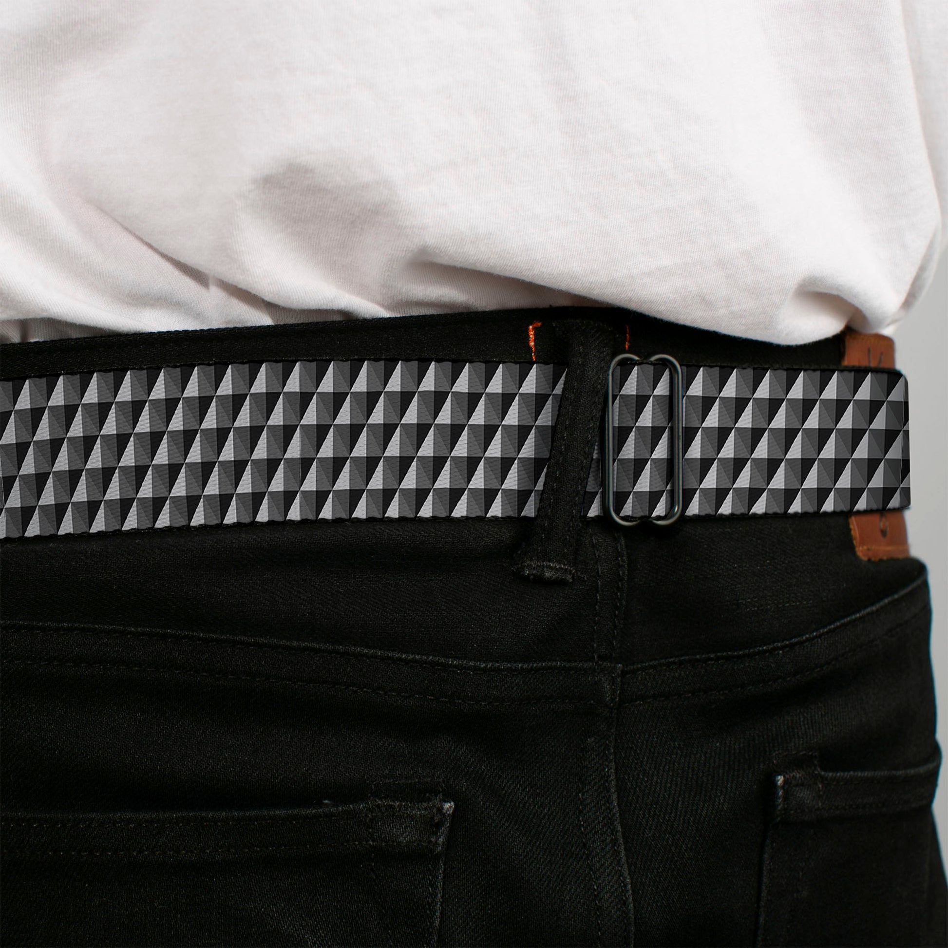 BD Wings Logo CLOSE-UP Black/Silver Seatbelt Belt - Geometric Triangles Tonal Grays Webbing Seatbelt Belts Buckle-Down