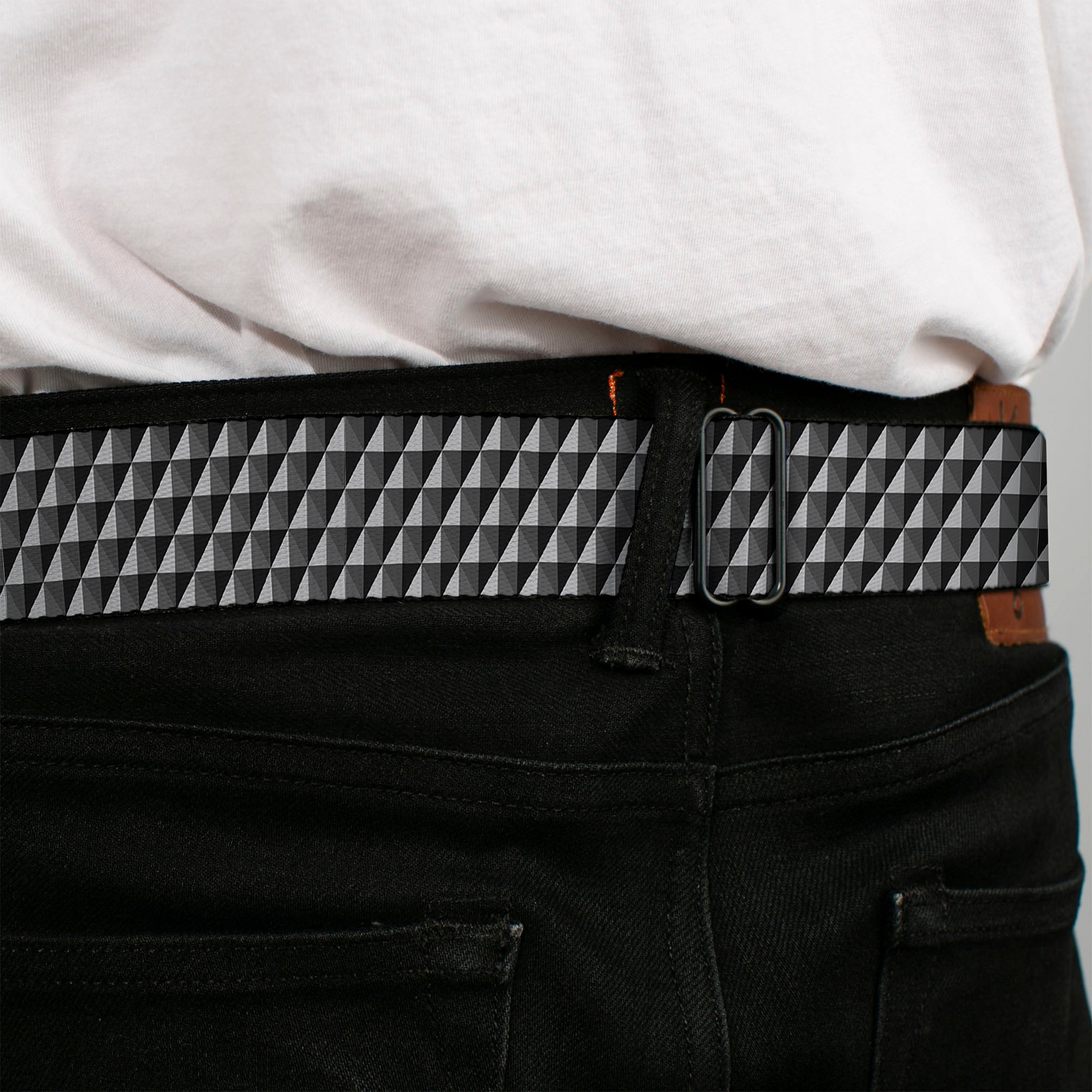 BD Wings Logo CLOSE-UP Black/Silver Seatbelt Belt - Geometric Triangles Tonal Grays Webbing Seatbelt Belts Buckle-Down