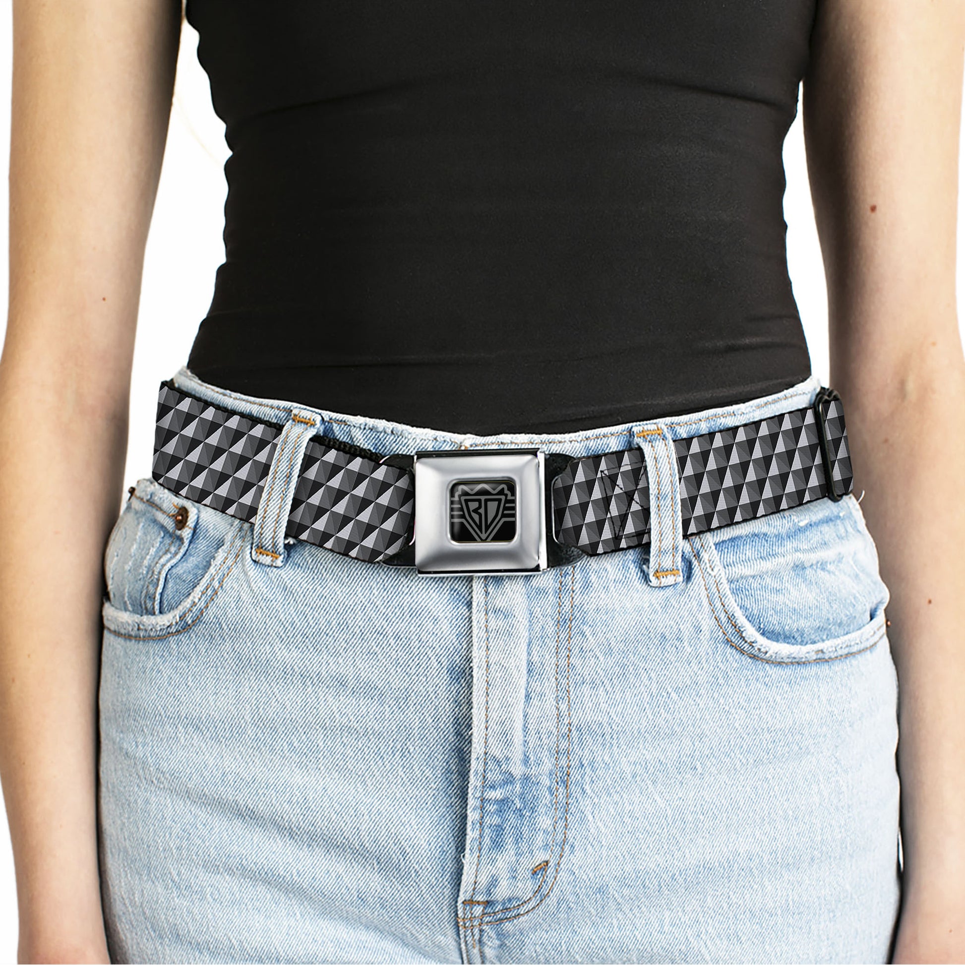 BD Wings Logo CLOSE-UP Black/Silver Seatbelt Belt - Geometric Triangles Tonal Grays Webbing Seatbelt Belts Buckle-Down