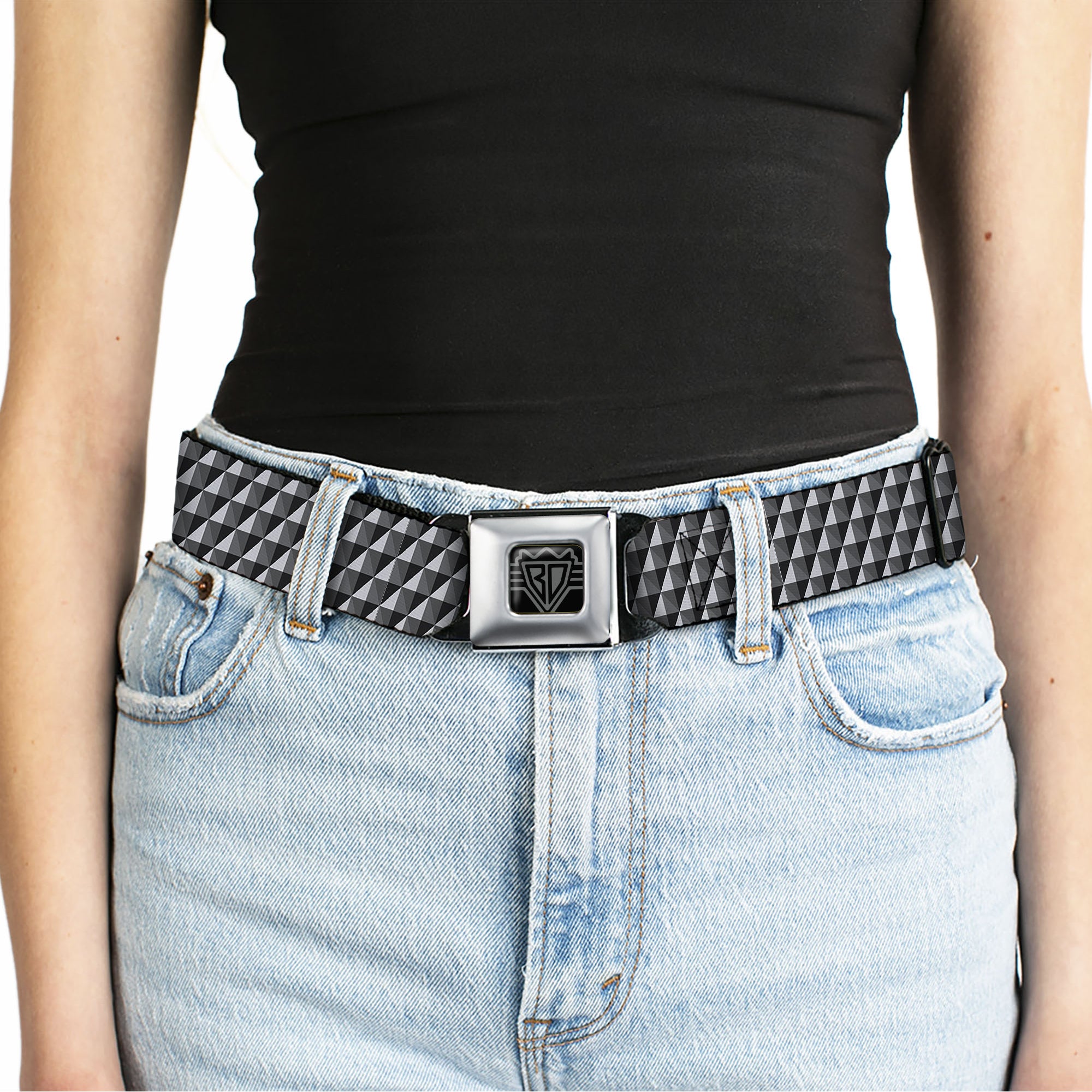 BD Wings Logo CLOSE-UP Black/Silver Seatbelt Belt - Geometric Triangles Tonal Grays Webbing Seatbelt Belts Buckle-Down