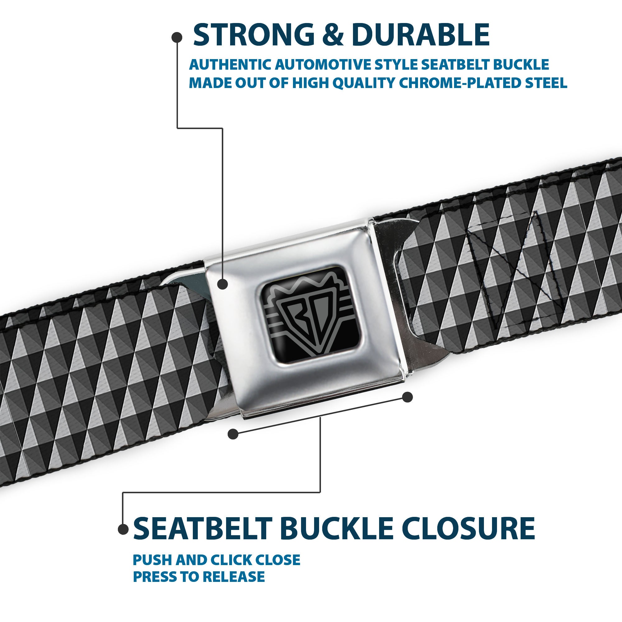BD Wings Logo CLOSE-UP Black/Silver Seatbelt Belt - Geometric Triangles Tonal Grays Webbing Seatbelt Belts Buckle-Down
