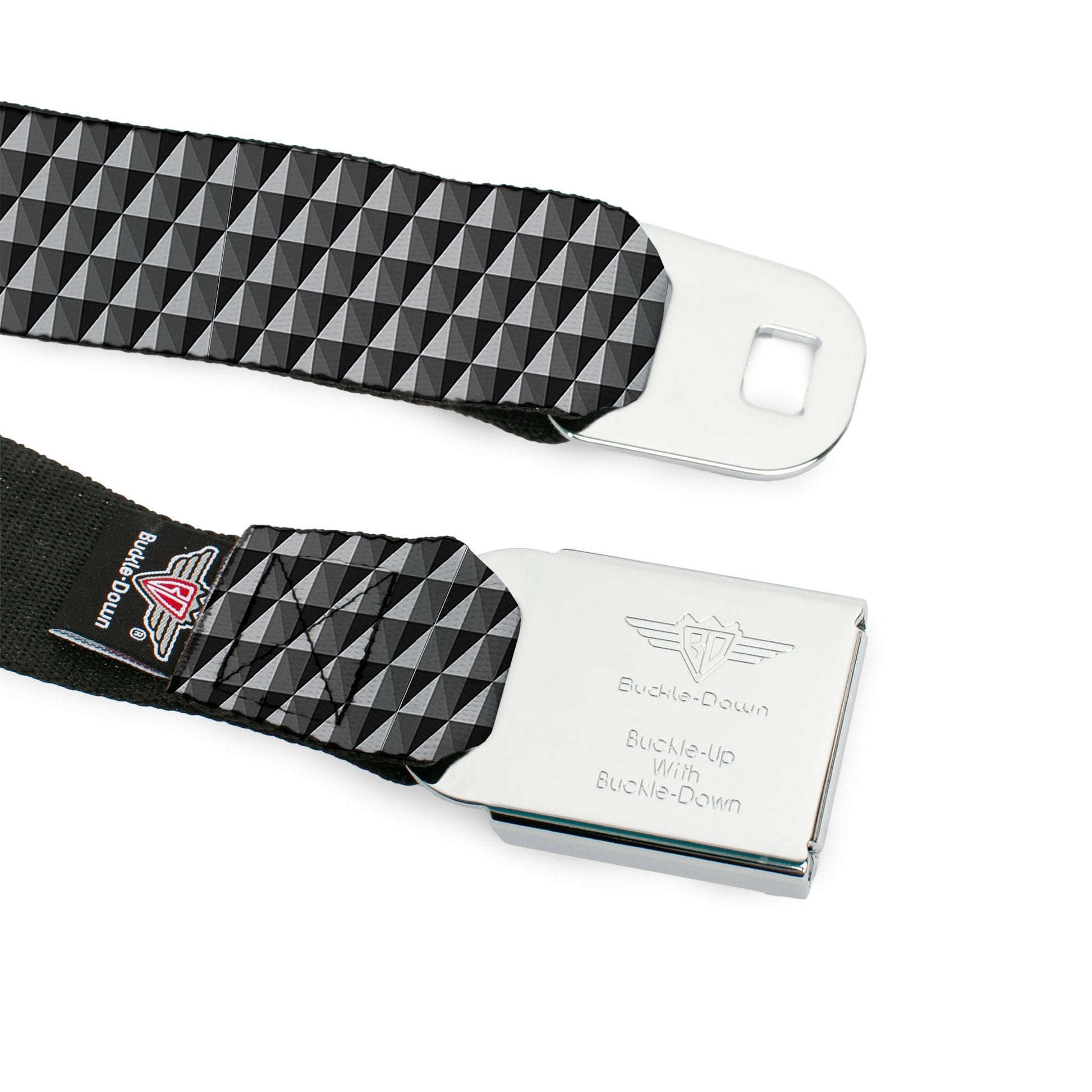 BD Wings Logo CLOSE-UP Black/Silver Seatbelt Belt - Geometric Triangles Tonal Grays Webbing Seatbelt Belts Buckle-Down
