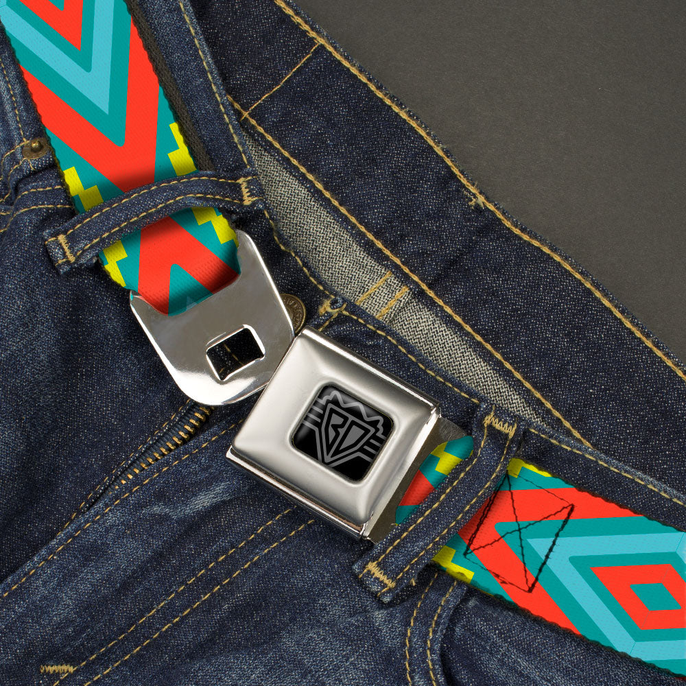 BD Wings Logo CLOSE-UP Black/Silver Seatbelt Belt - Geometric Diamonds Turquoise Blues/Orange/Yellow Webbing Seatbelt Belts Buckle-Down