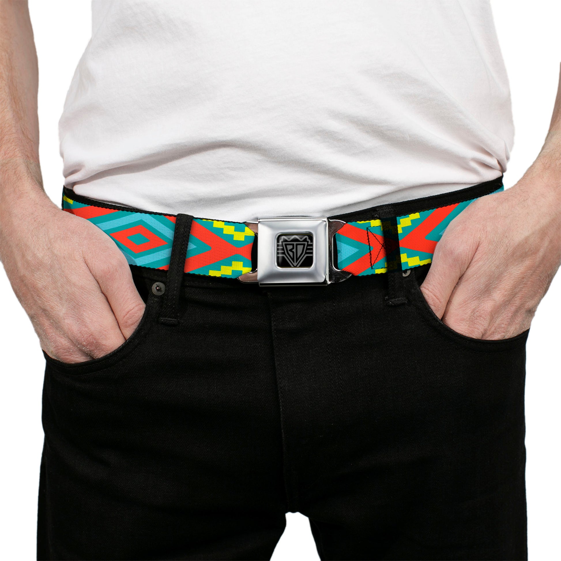 BD Wings Logo CLOSE-UP Black/Silver Seatbelt Belt - Geometric Diamonds Turquoise Blues/Orange/Yellow Webbing Seatbelt Belts Buckle-Down