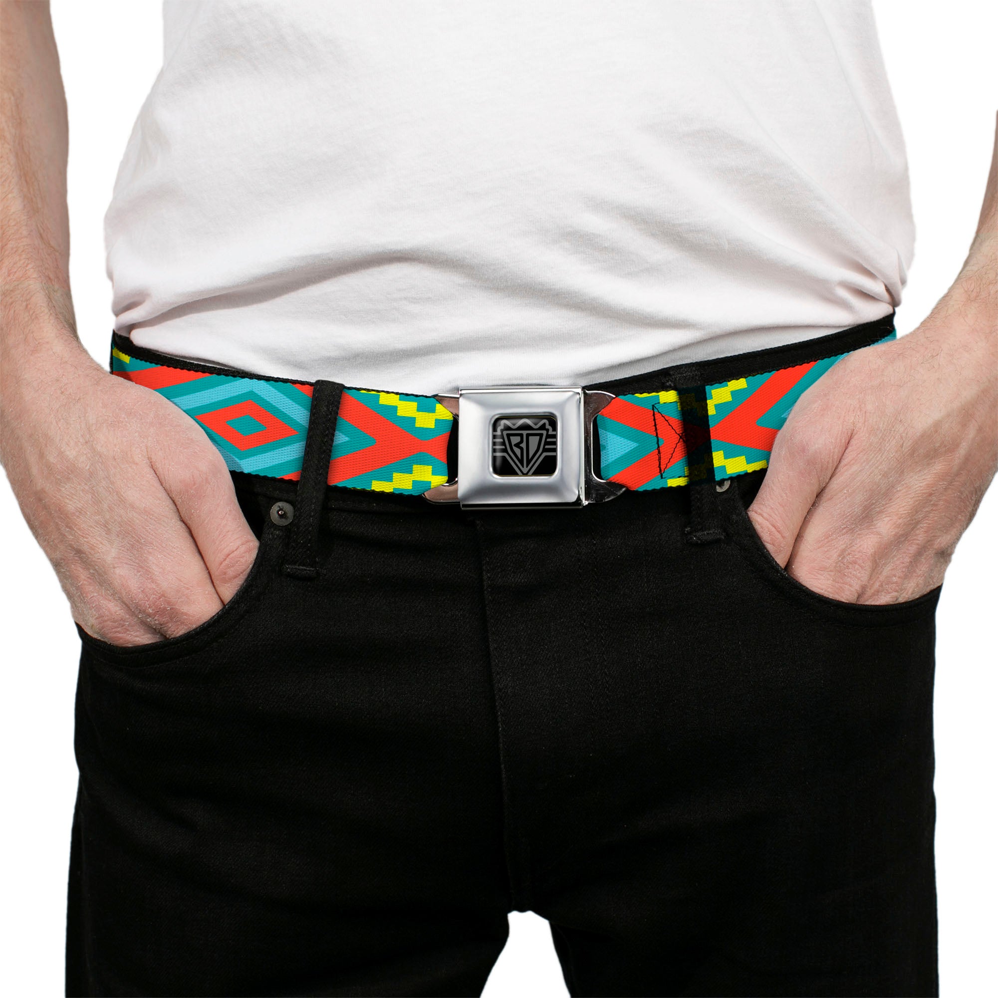 BD Wings Logo CLOSE-UP Black/Silver Seatbelt Belt - Geometric Diamonds Turquoise Blues/Orange/Yellow Webbing Seatbelt Belts Buckle-Down