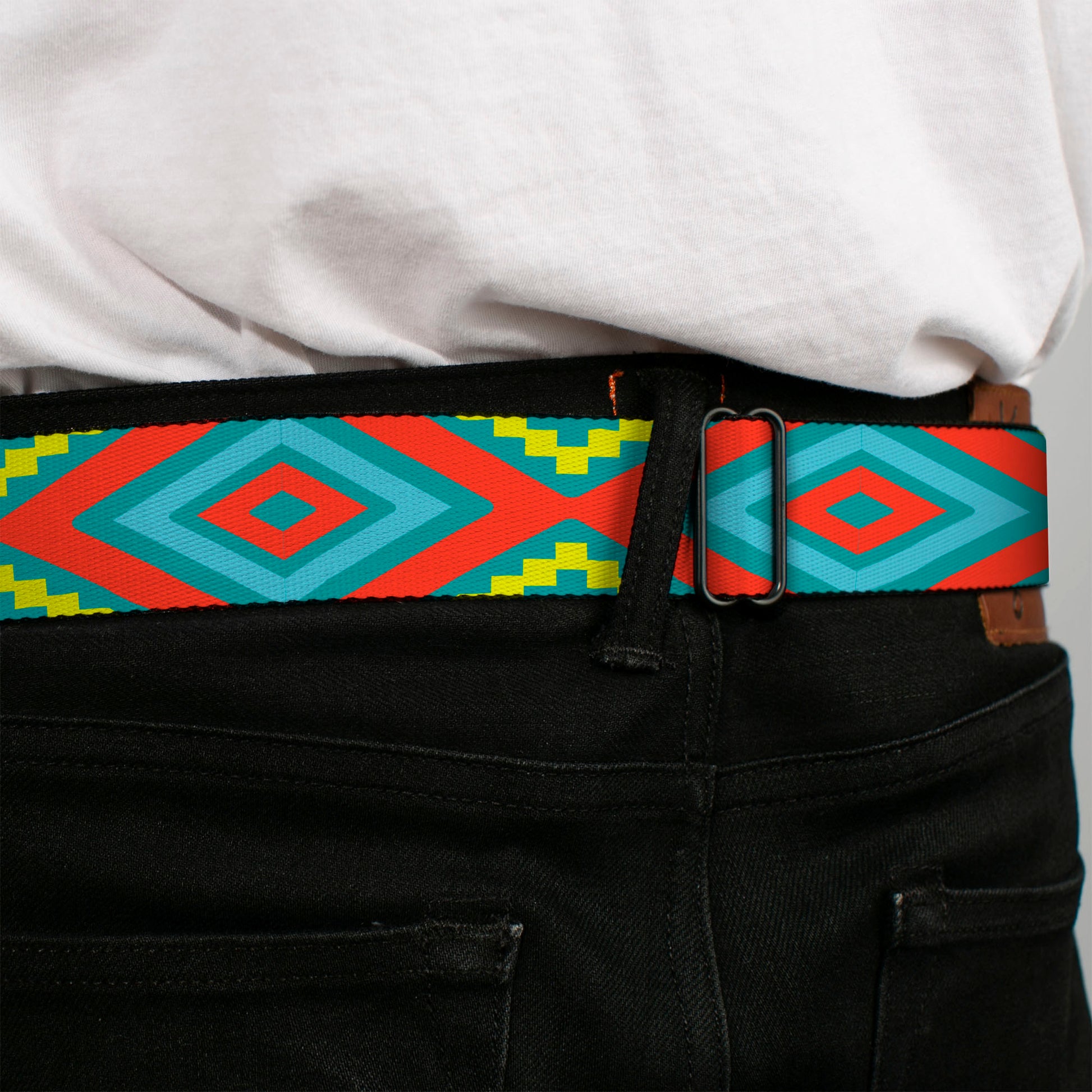 BD Wings Logo CLOSE-UP Black/Silver Seatbelt Belt - Geometric Diamonds Turquoise Blues/Orange/Yellow Webbing Seatbelt Belts Buckle-Down