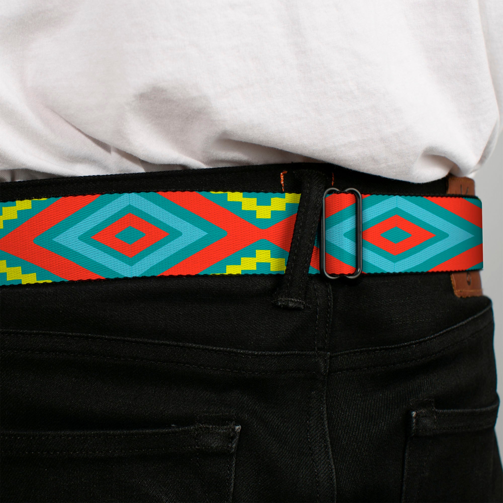 BD Wings Logo CLOSE-UP Black/Silver Seatbelt Belt - Geometric Diamonds Turquoise Blues/Orange/Yellow Webbing Seatbelt Belts Buckle-Down
