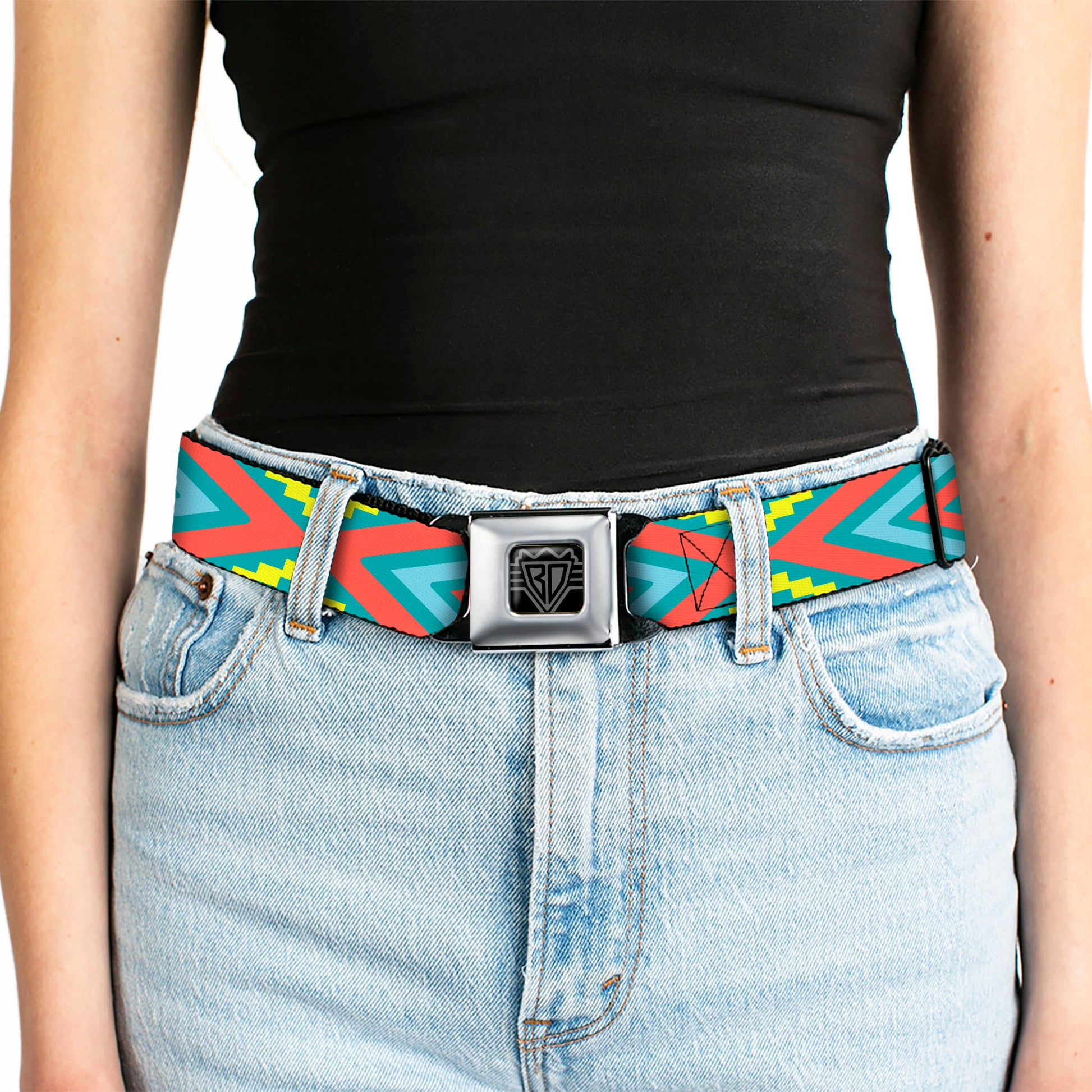 BD Wings Logo CLOSE-UP Black/Silver Seatbelt Belt - Geometric Diamonds Turquoise Blues/Orange/Yellow Webbing Seatbelt Belts Buckle-Down