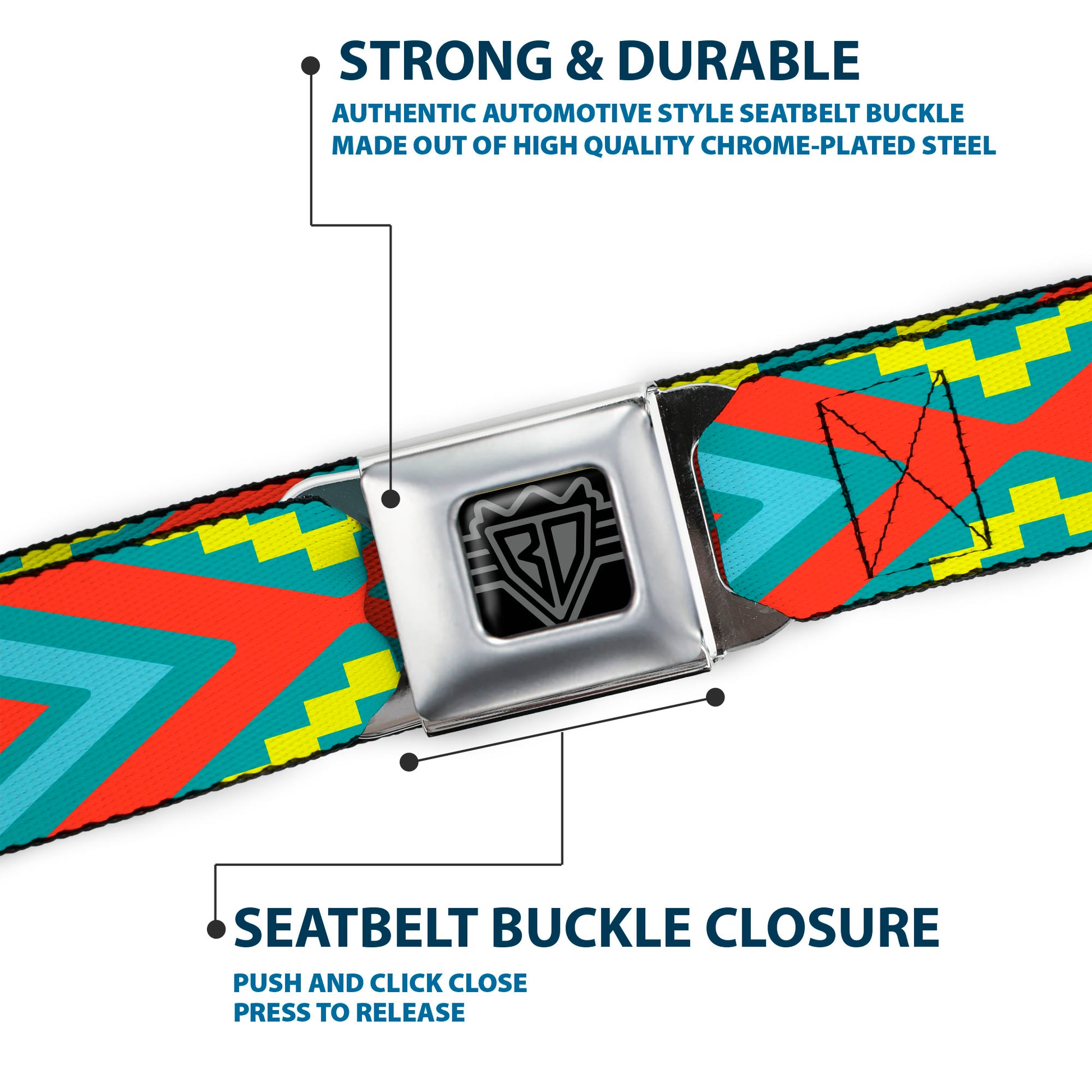 BD Wings Logo CLOSE-UP Black/Silver Seatbelt Belt - Geometric Diamonds Turquoise Blues/Orange/Yellow Webbing Seatbelt Belts Buckle-Down