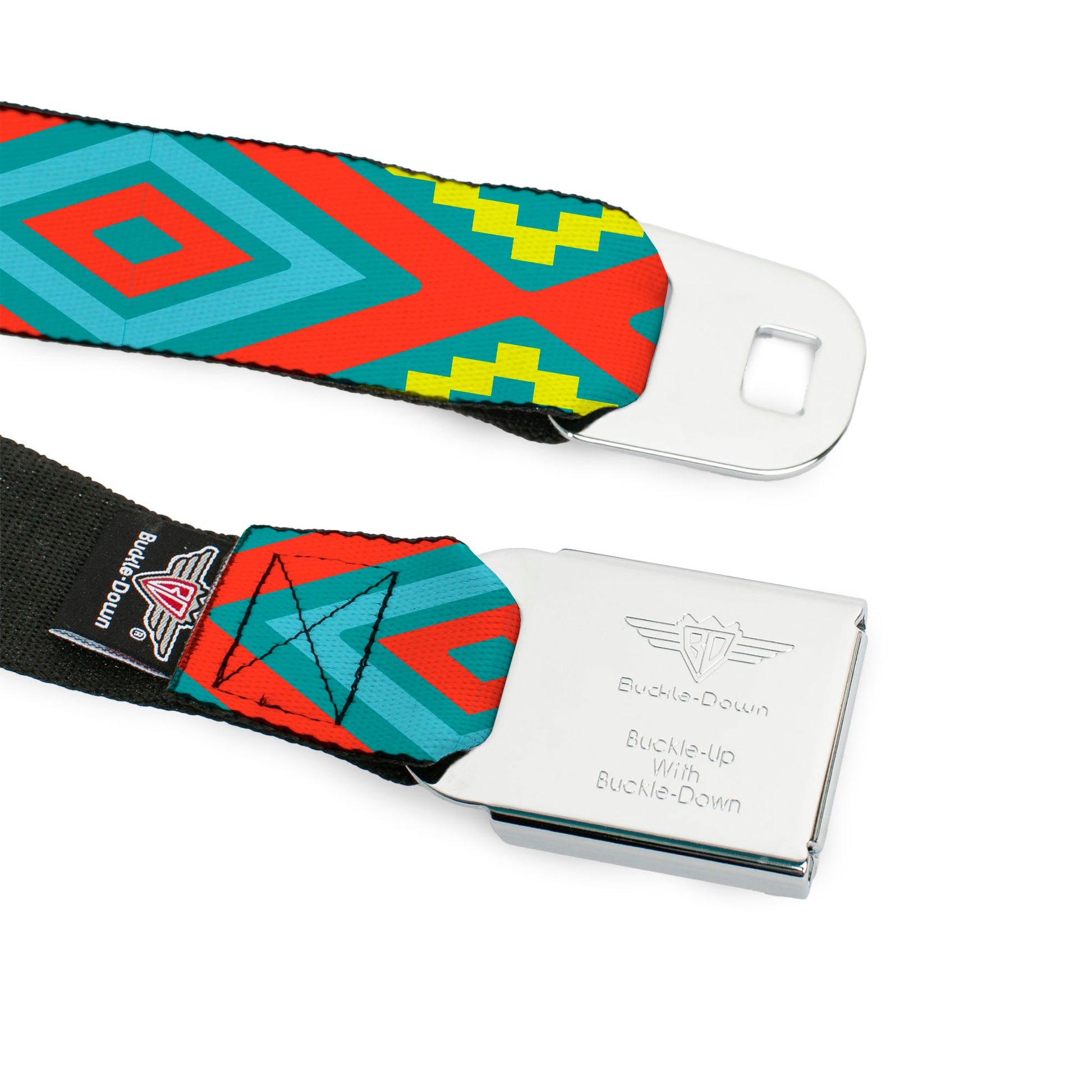 BD Wings Logo CLOSE-UP Black/Silver Seatbelt Belt - Geometric Diamonds Turquoise Blues/Orange/Yellow Webbing Seatbelt Belts Buckle-Down