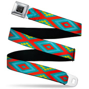 BD Wings Logo CLOSE-UP Black/Silver Seatbelt Belt - Geometric Diamonds Turquoise Blues/Orange/Yellow Webbing Seatbelt Belts Buckle-Down