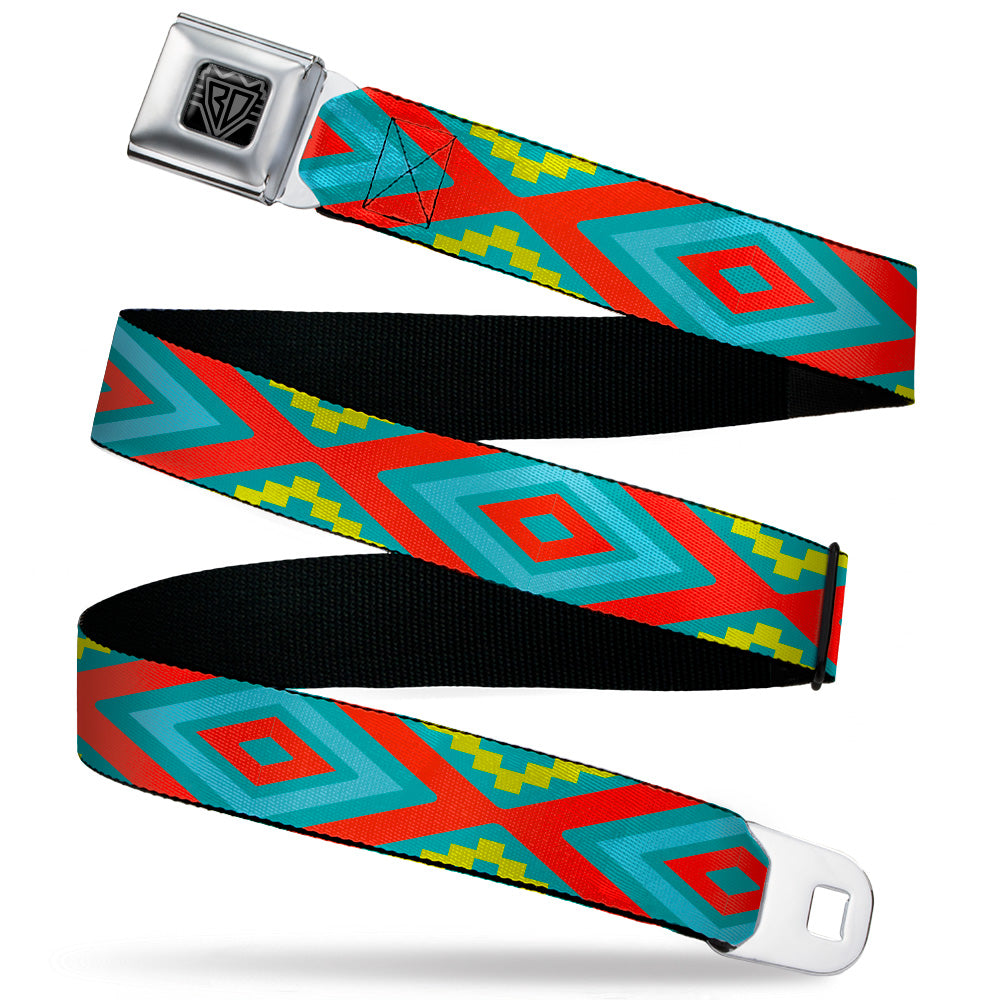 BD Wings Logo CLOSE-UP Black/Silver Seatbelt Belt - Geometric Diamonds Turquoise Blues/Orange/Yellow Webbing Seatbelt Belts Buckle-Down