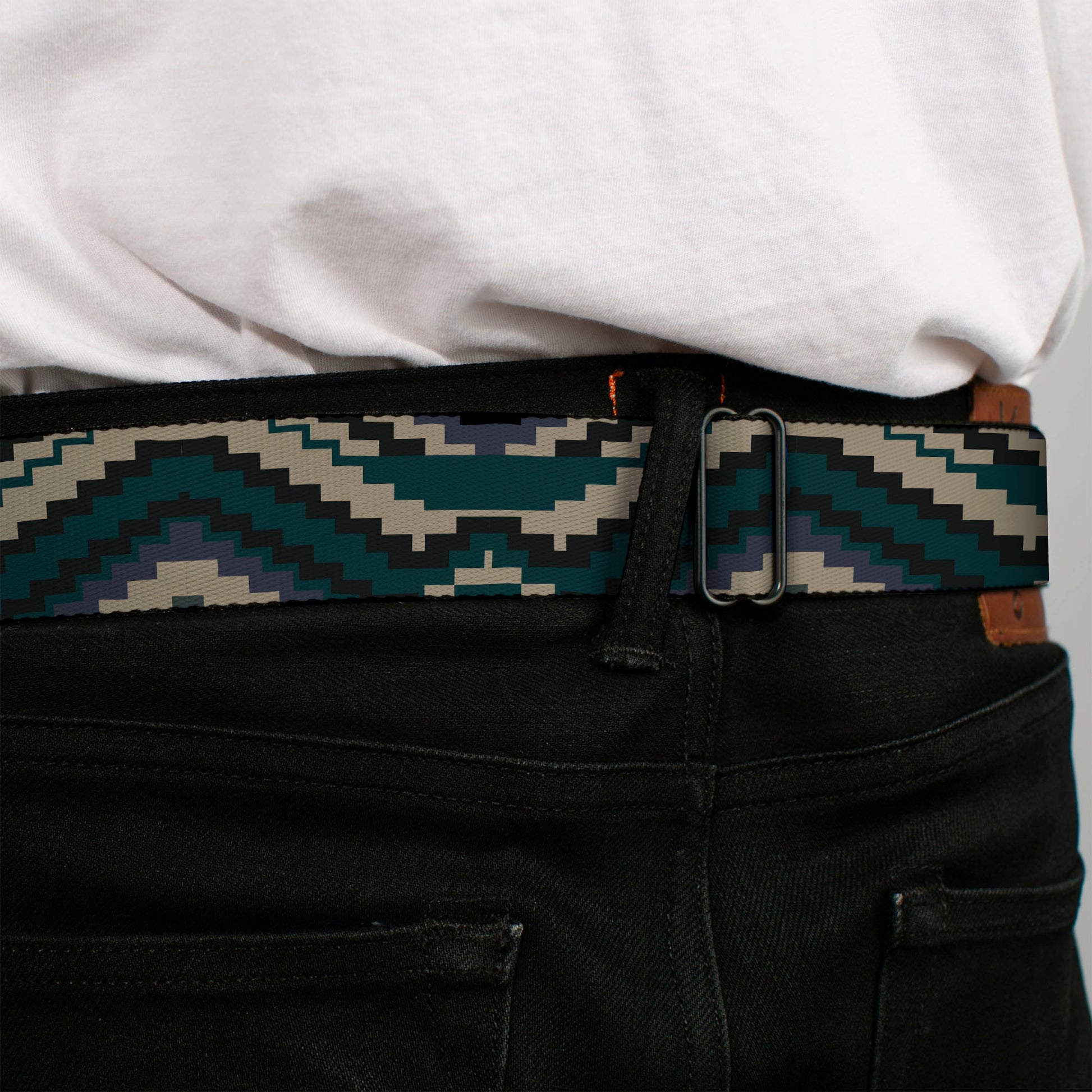 BD Wings Logo CLOSE-UP Black/Silver Seatbelt Belt - Geometric Chevron Gray/Blue/Purple Webbing Seatbelt Belts Buckle-Down