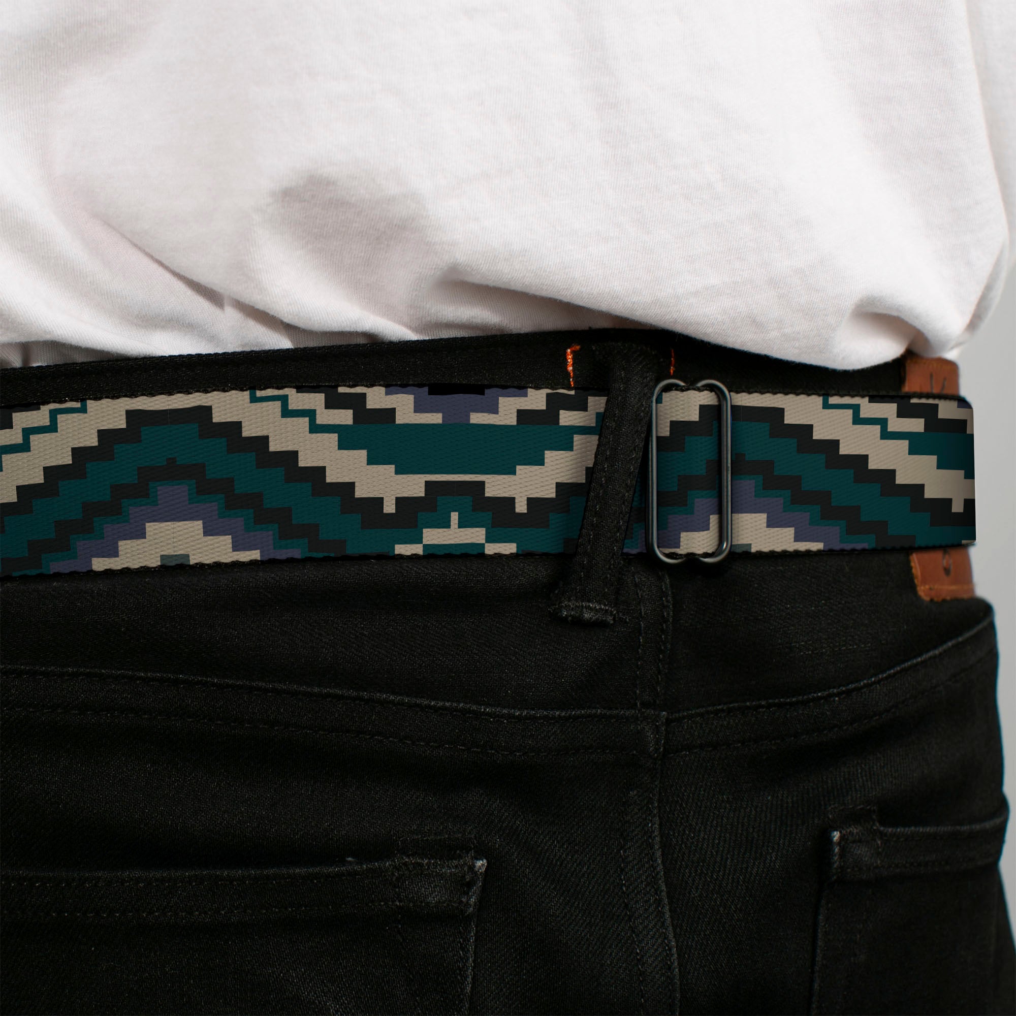 BD Wings Logo CLOSE-UP Black/Silver Seatbelt Belt - Geometric Chevron Gray/Blue/Purple Webbing Seatbelt Belts Buckle-Down