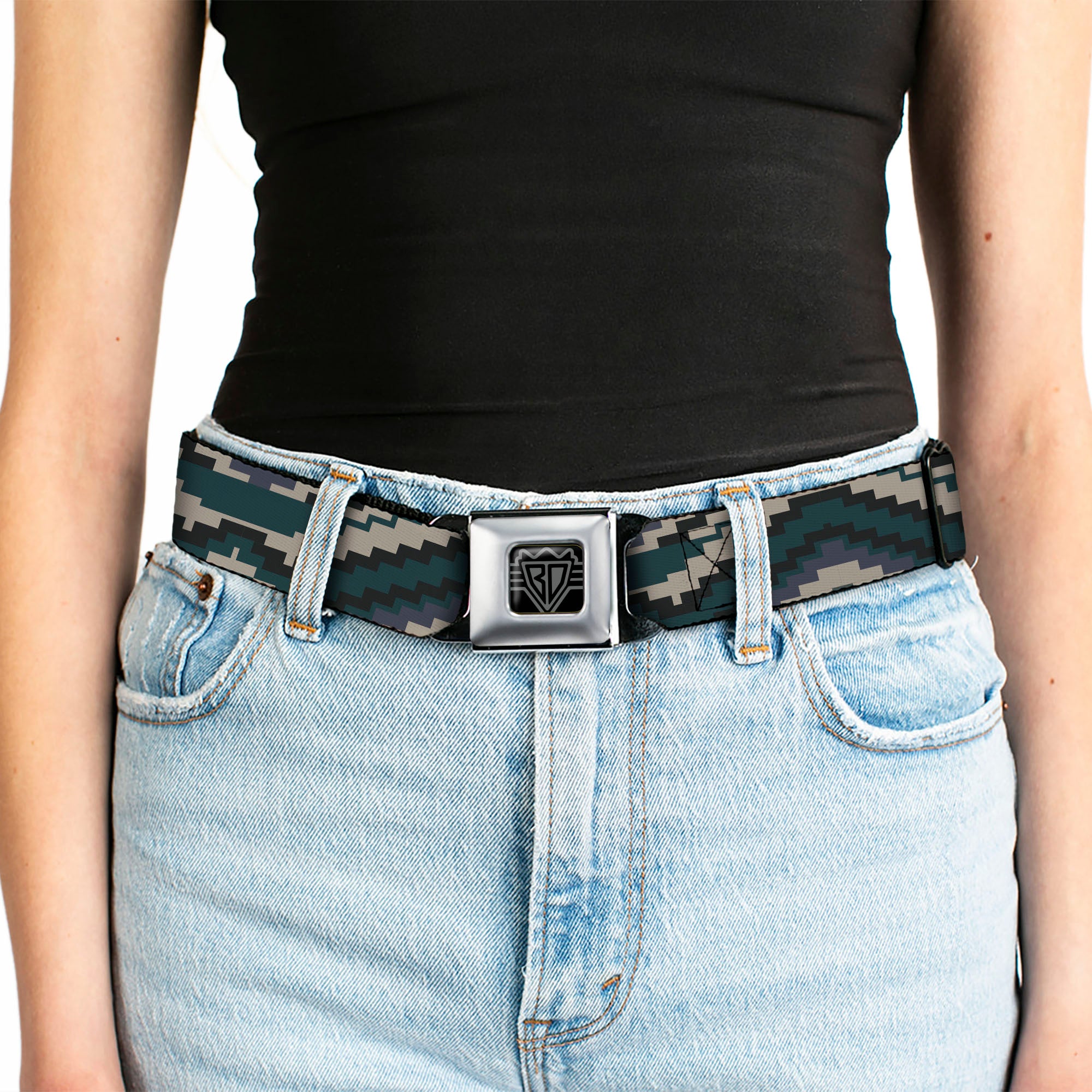 BD Wings Logo CLOSE-UP Black/Silver Seatbelt Belt - Geometric Chevron Gray/Blue/Purple Webbing Seatbelt Belts Buckle-Down