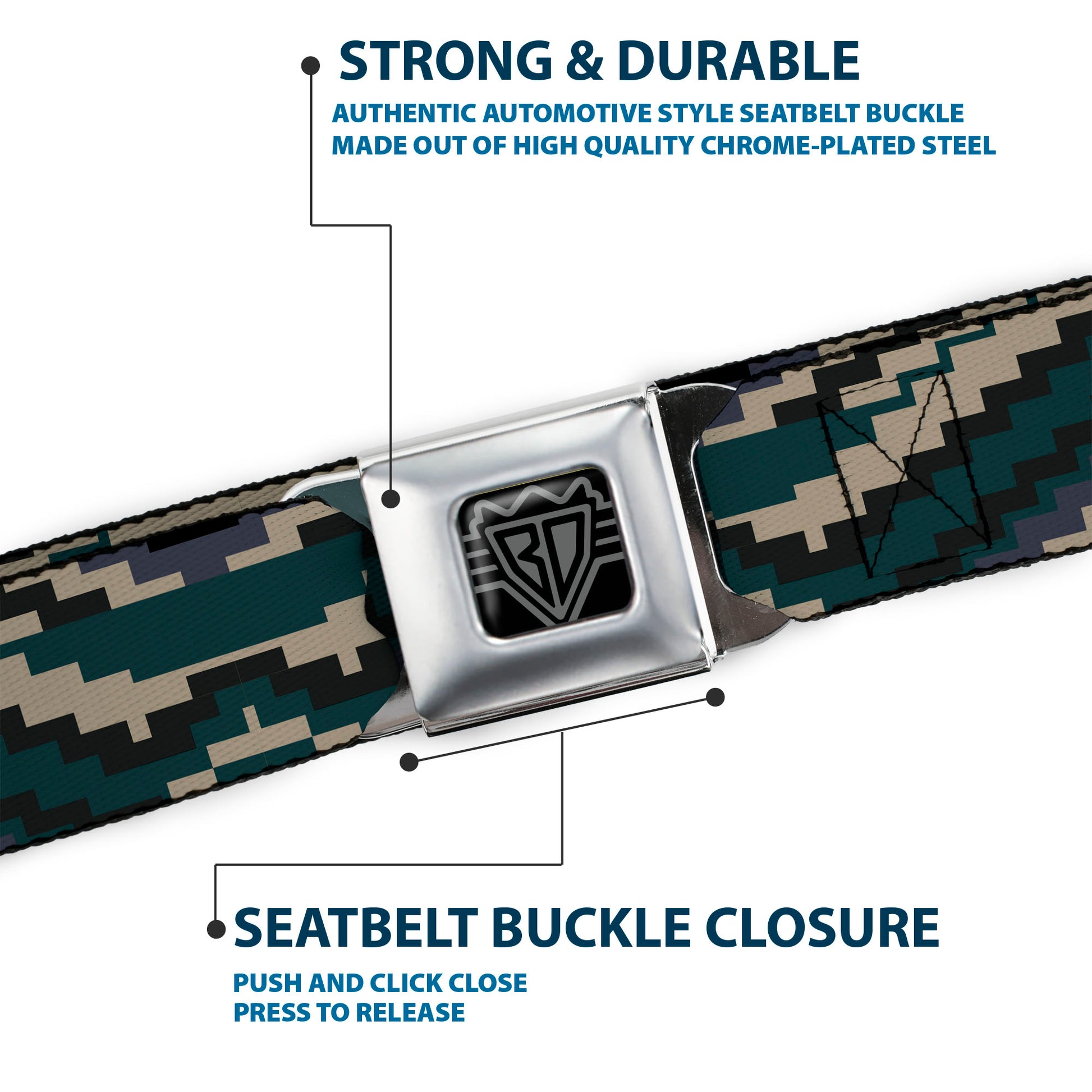 BD Wings Logo CLOSE-UP Black/Silver Seatbelt Belt - Geometric Chevron Gray/Blue/Purple Webbing Seatbelt Belts Buckle-Down