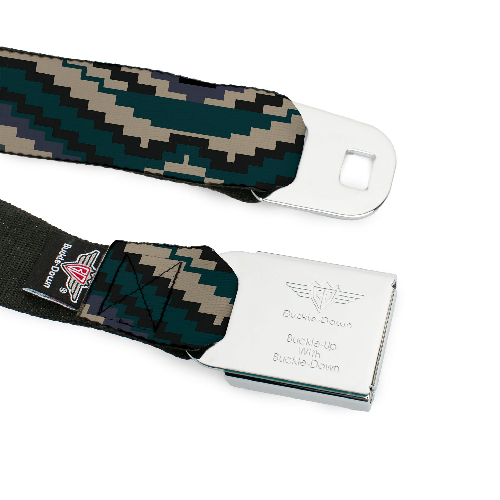 BD Wings Logo CLOSE-UP Black/Silver Seatbelt Belt - Geometric Chevron Gray/Blue/Purple Webbing Seatbelt Belts Buckle-Down