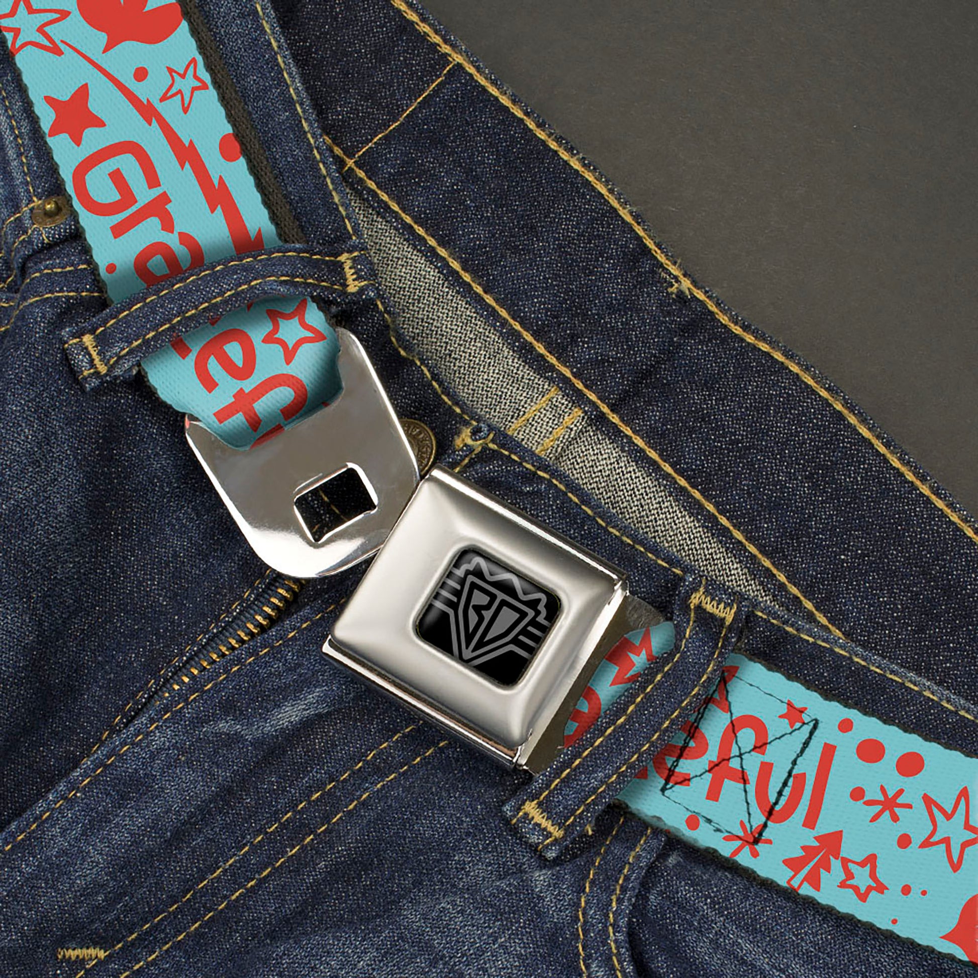 BD Wings Logo CLOSE-UP Black/Silver Seatbelt Belt - GRATEFUL OPTIMISM BE KIND Icons Collage Blue/Red Webbing Seatbelt Belts Buckle-Down