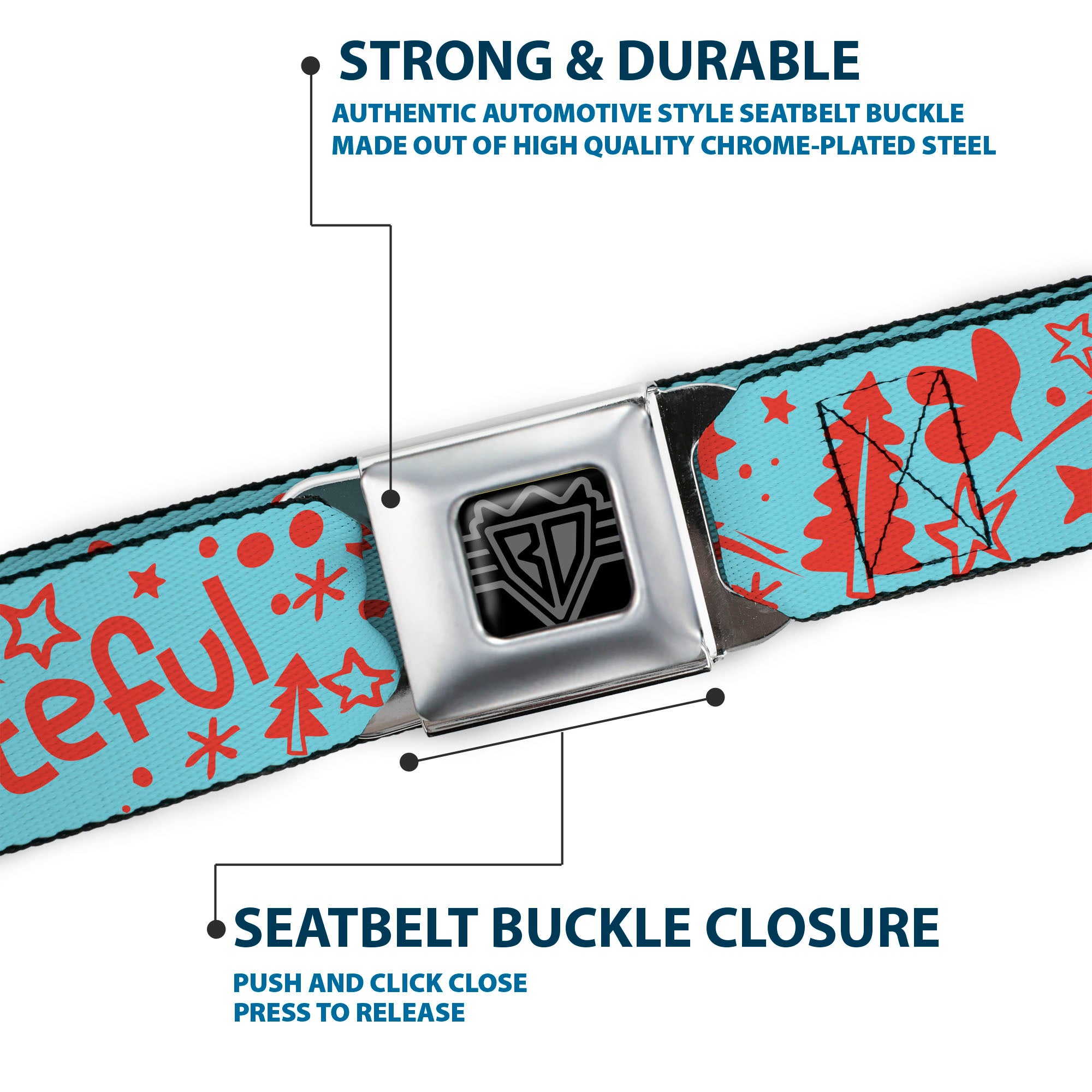 BD Wings Logo CLOSE-UP Black/Silver Seatbelt Belt - GRATEFUL OPTIMISM BE KIND Icons Collage Blue/Red Webbing Seatbelt Belts Buckle-Down