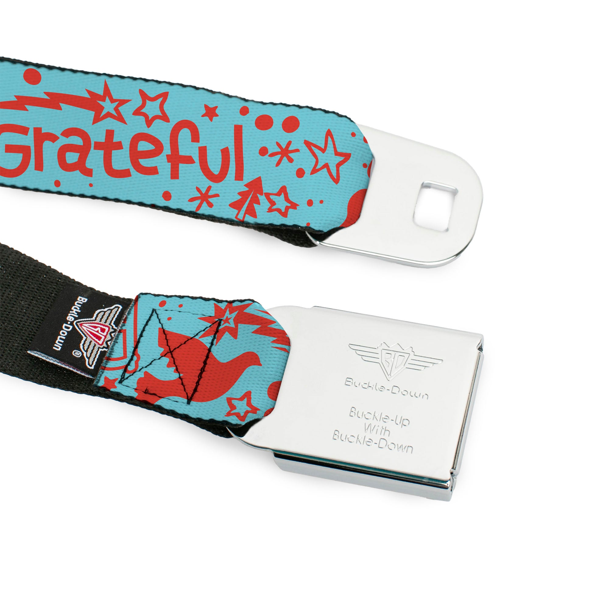 BD Wings Logo CLOSE-UP Black/Silver Seatbelt Belt - GRATEFUL OPTIMISM BE KIND Icons Collage Blue/Red Webbing Seatbelt Belts Buckle-Down