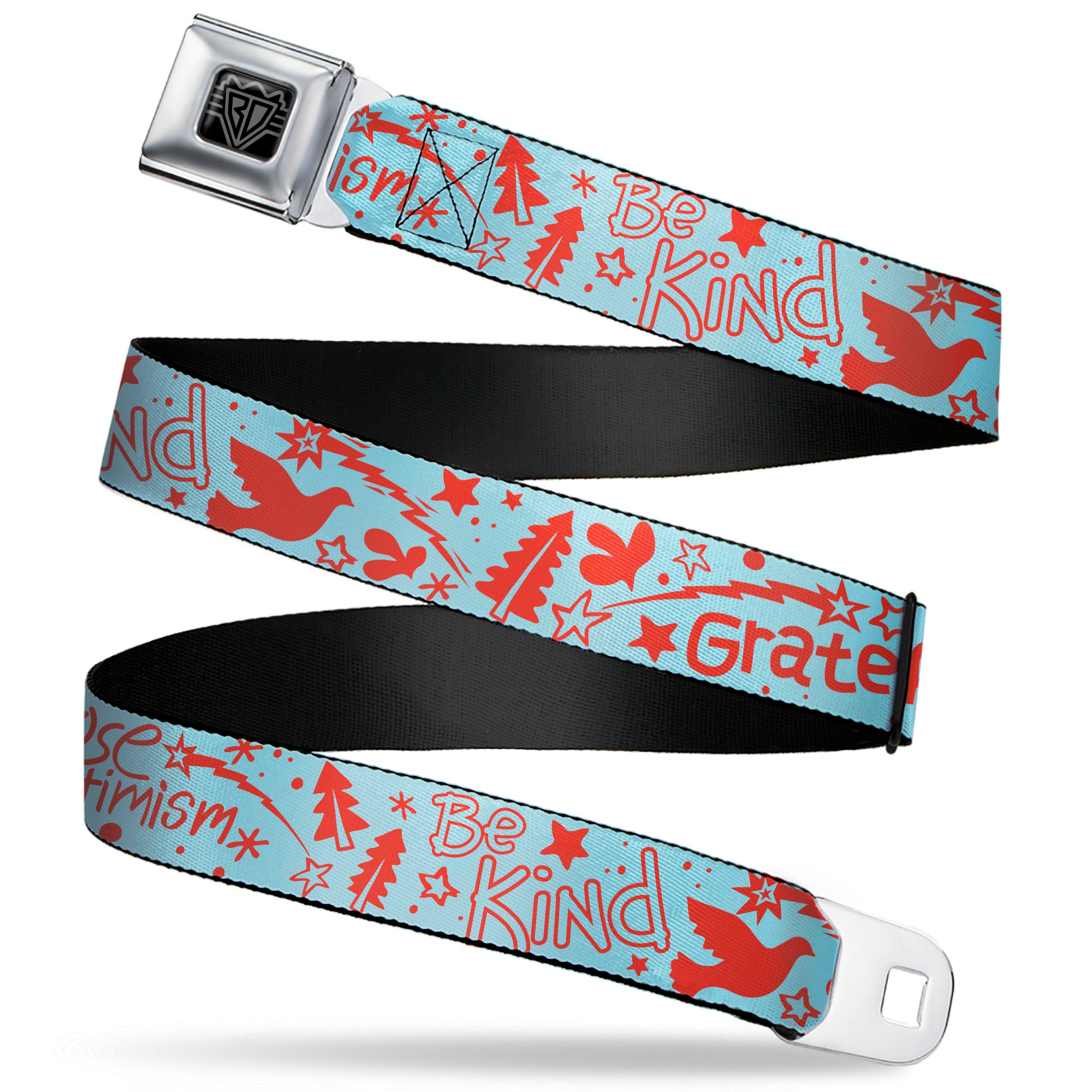 BD Wings Logo CLOSE-UP Black/Silver Seatbelt Belt - GRATEFUL OPTIMISM BE KIND Icons Collage Blue/Red Webbing Seatbelt Belts Buckle-Down
