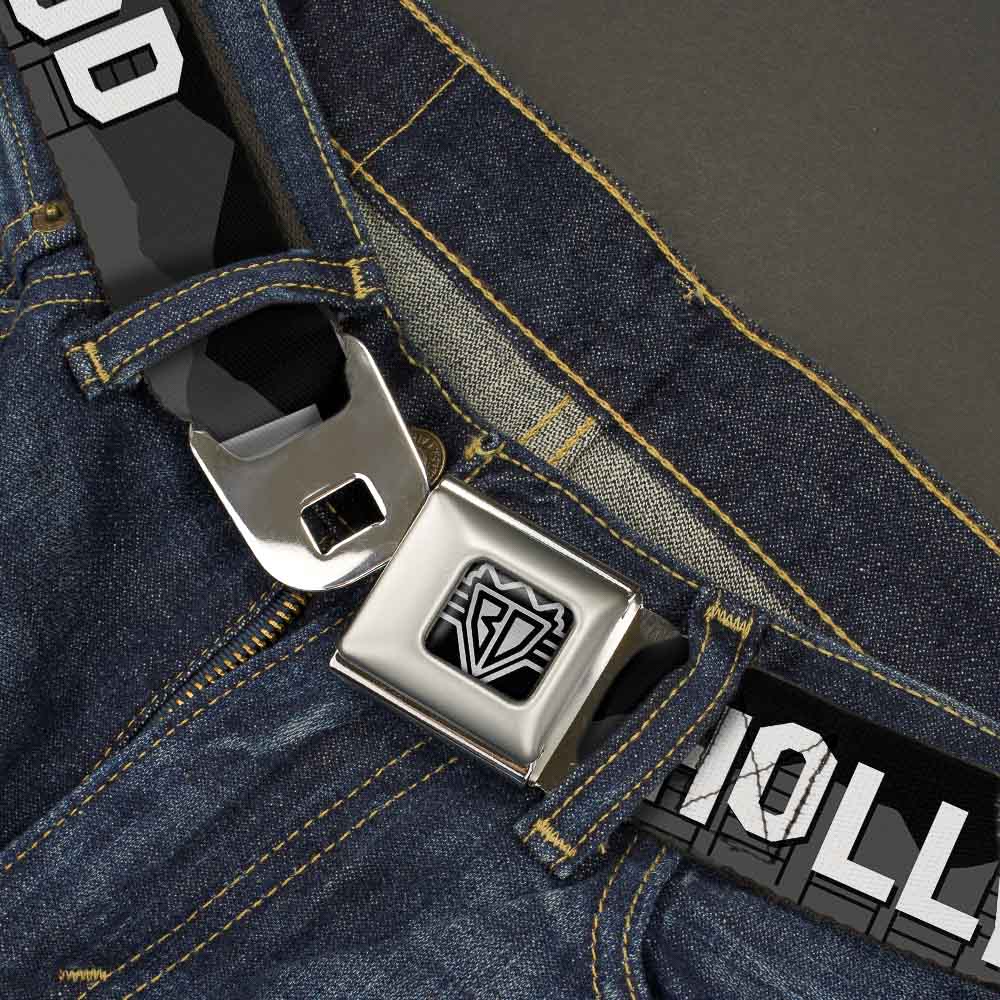 BD Wings Logo CLOSE-UP Full Color Black Silver Seatbelt Belt - HOLLYWOOD Sign Skyline Black/Grays/White Webbing Seatbelt Belts Buckle-Down