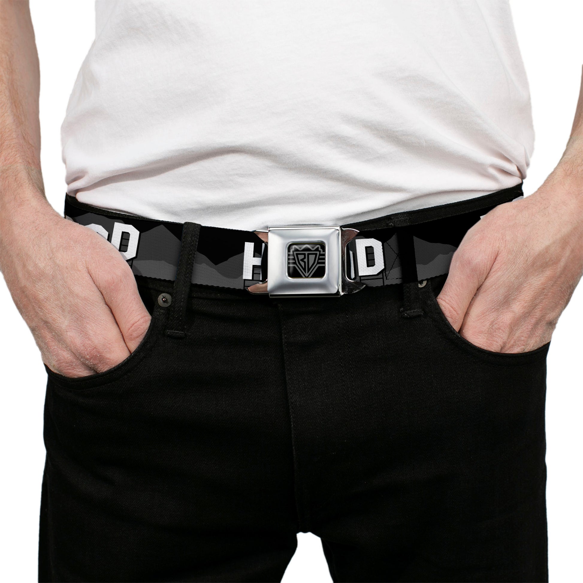 BD Wings Logo CLOSE-UP Full Color Black Silver Seatbelt Belt - HOLLYWOOD Sign Skyline Black/Grays/White Webbing Seatbelt Belts Buckle-Down