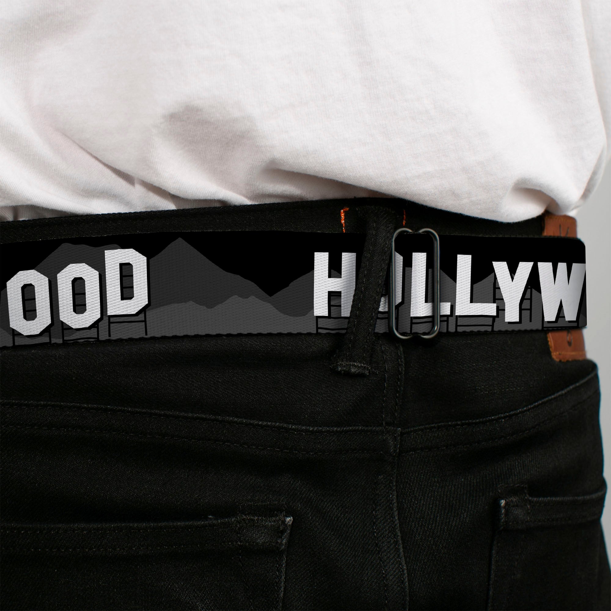 BD Wings Logo CLOSE-UP Full Color Black Silver Seatbelt Belt - HOLLYWOOD Sign Skyline Black/Grays/White Webbing Seatbelt Belts Buckle-Down