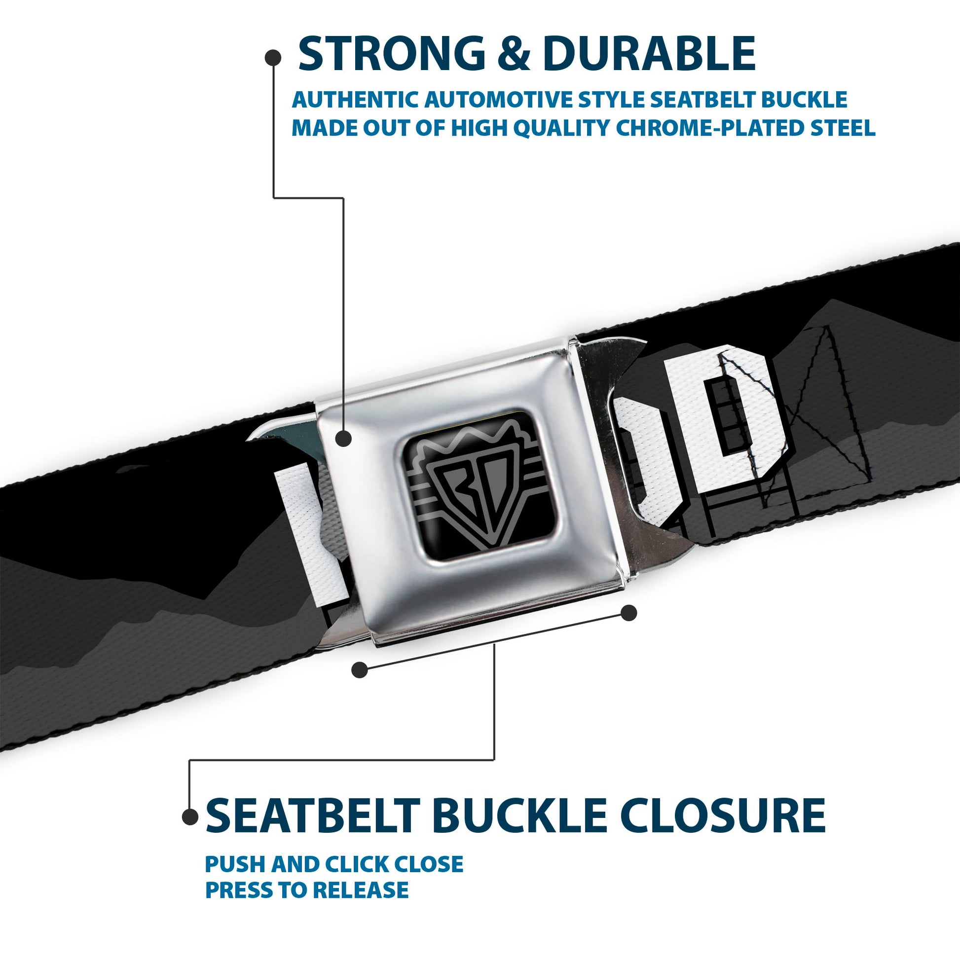 BD Wings Logo CLOSE-UP Full Color Black Silver Seatbelt Belt - HOLLYWOOD Sign Skyline Black/Grays/White Webbing Seatbelt Belts Buckle-Down