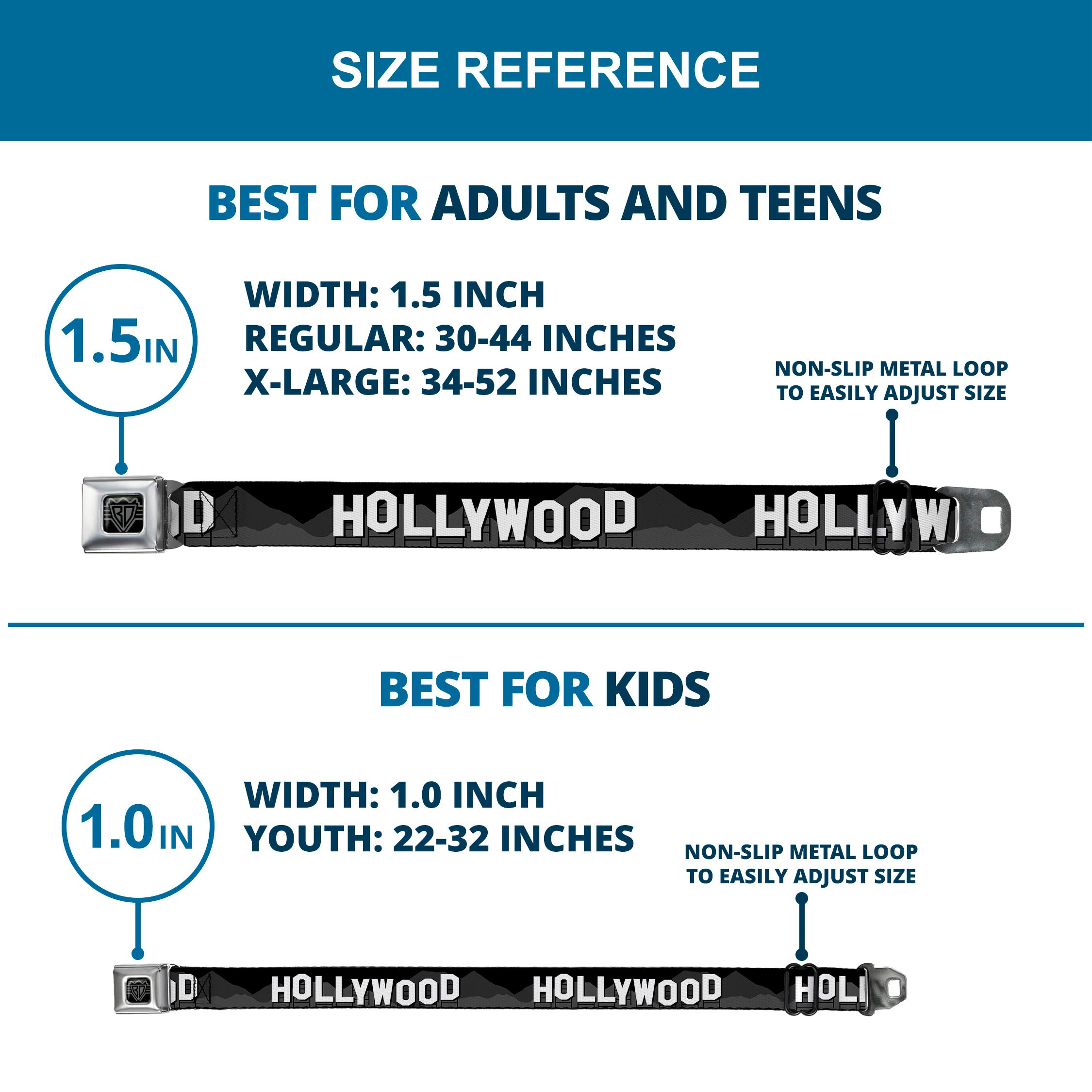 BD Wings Logo CLOSE-UP Full Color Black Silver Seatbelt Belt - HOLLYWOOD Sign Skyline Black/Grays/White Webbing Seatbelt Belts Buckle-Down