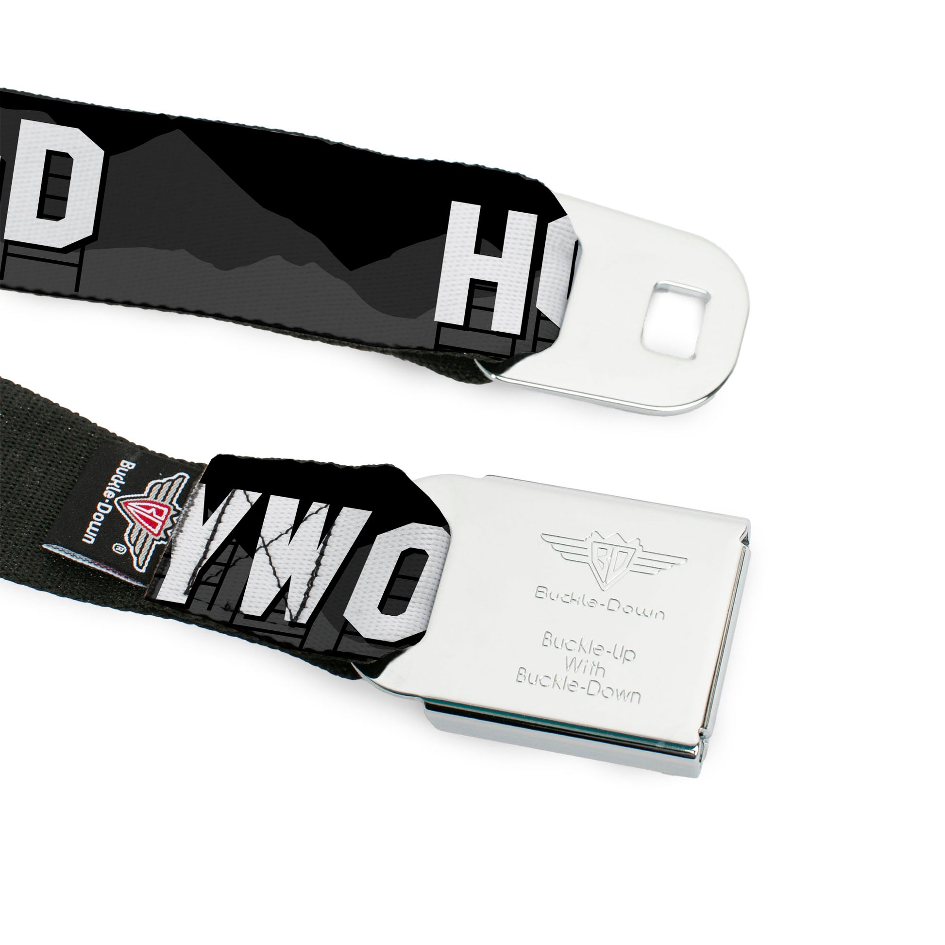 BD Wings Logo CLOSE-UP Full Color Black Silver Seatbelt Belt - HOLLYWOOD Sign Skyline Black/Grays/White Webbing Seatbelt Belts Buckle-Down