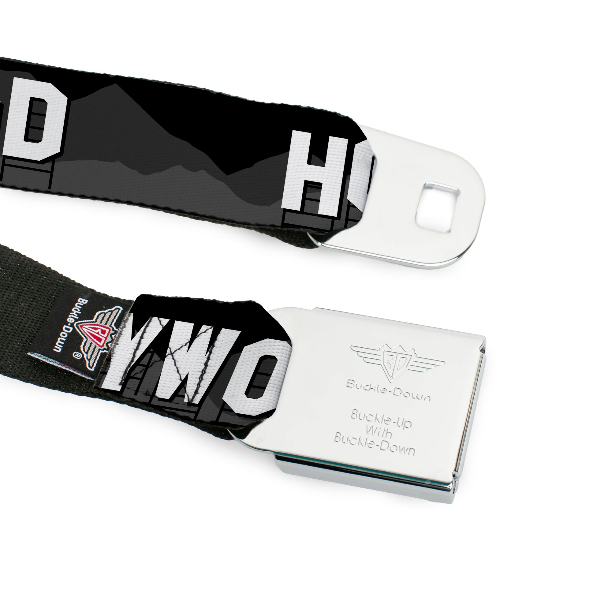 BD Wings Logo CLOSE-UP Full Color Black Silver Seatbelt Belt - HOLLYWOOD Sign Skyline Black/Grays/White Webbing Seatbelt Belts Buckle-Down