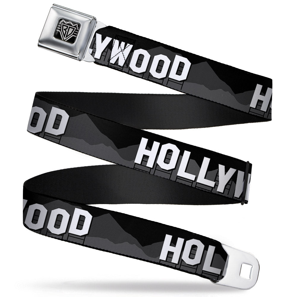 BD Wings Logo CLOSE-UP Full Color Black Silver Seatbelt Belt - HOLLYWOOD Sign Skyline Black/Grays/White Webbing Seatbelt Belts Buckle-Down