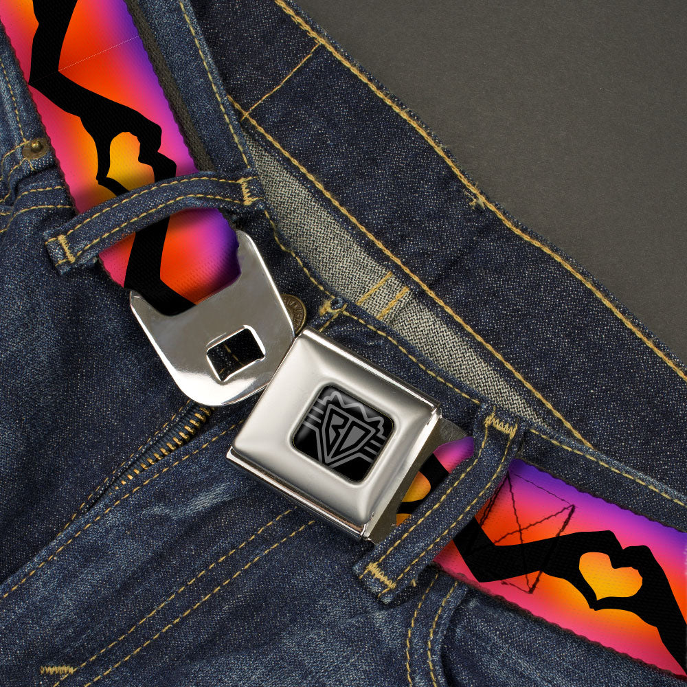 BD Wings Logo CLOSE-UP Black/Silver Seatbelt Belt - Hand Heart Silhouette Ombre Purples/Orange/Pinks Webbing Seatbelt Belts Buckle-Down