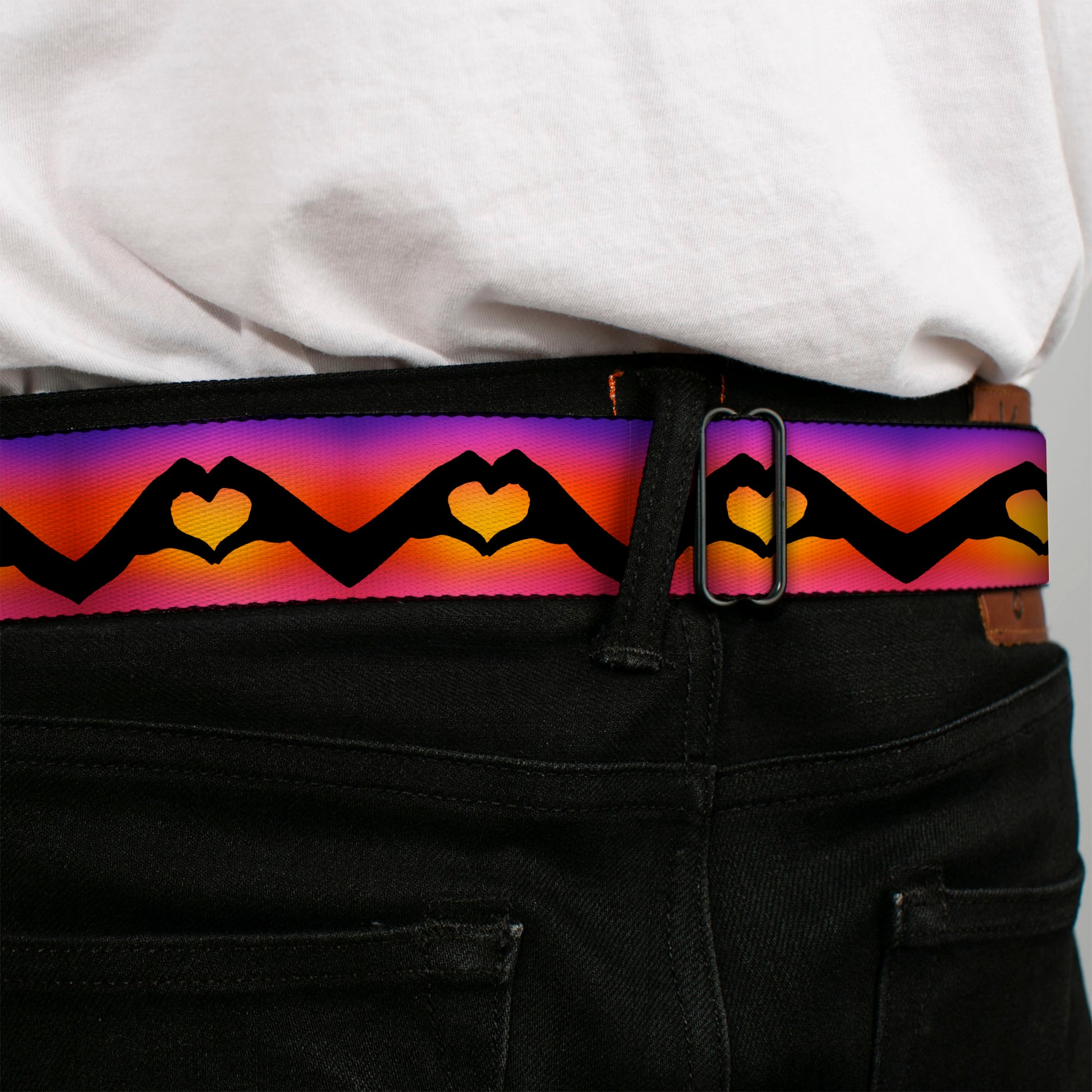 BD Wings Logo CLOSE-UP Black/Silver Seatbelt Belt - Hand Heart Silhouette Ombre Purples/Orange/Pinks Webbing Seatbelt Belts Buckle-Down