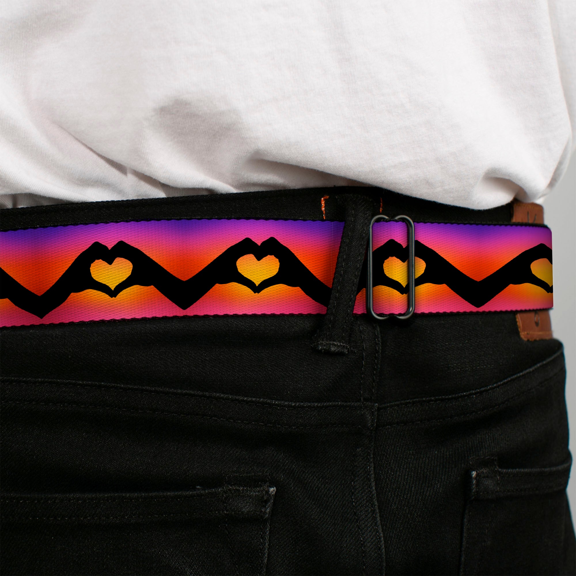 BD Wings Logo CLOSE-UP Black/Silver Seatbelt Belt - Hand Heart Silhouette Ombre Purples/Orange/Pinks Webbing Seatbelt Belts Buckle-Down