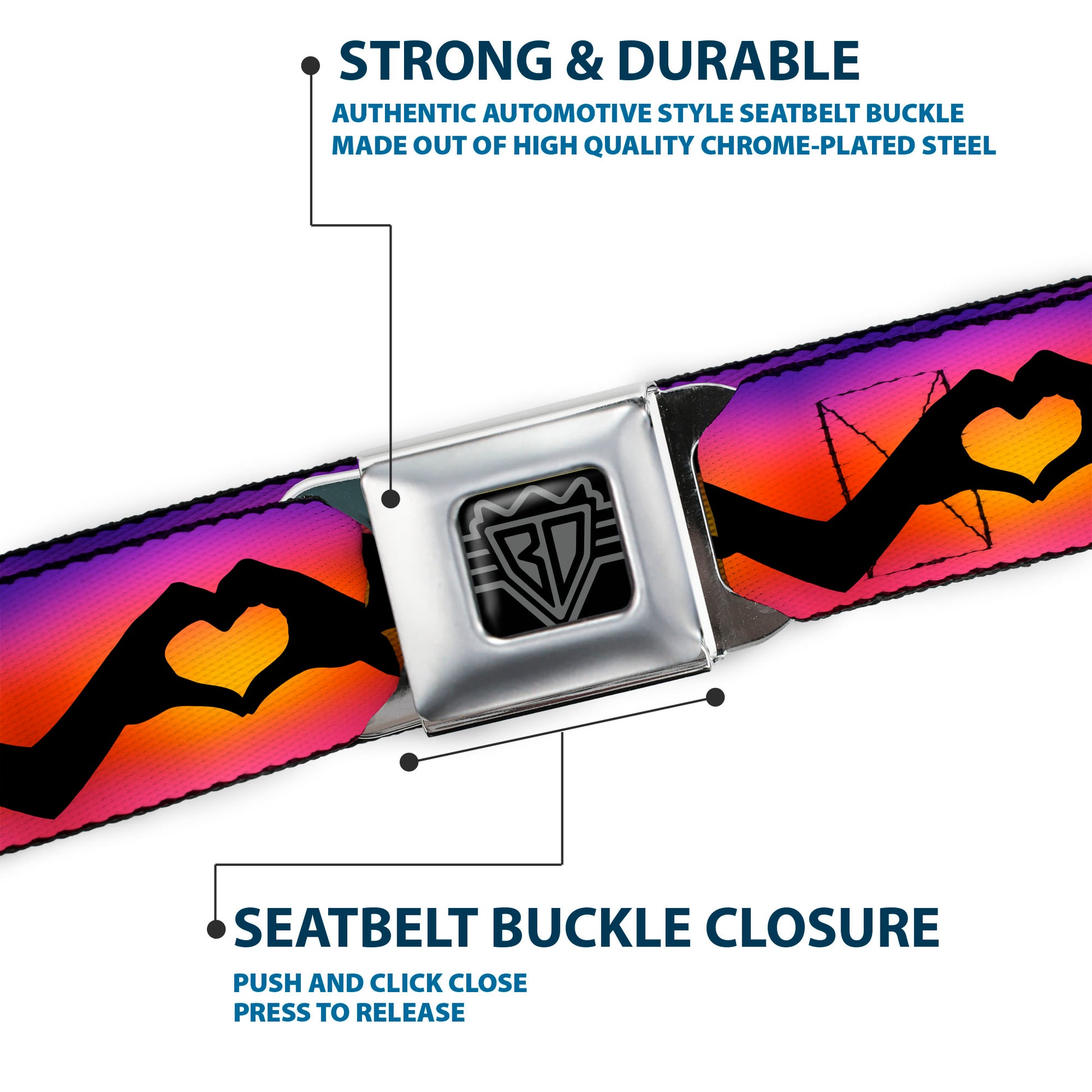 BD Wings Logo CLOSE-UP Black/Silver Seatbelt Belt - Hand Heart Silhouette Ombre Purples/Orange/Pinks Webbing Seatbelt Belts Buckle-Down
