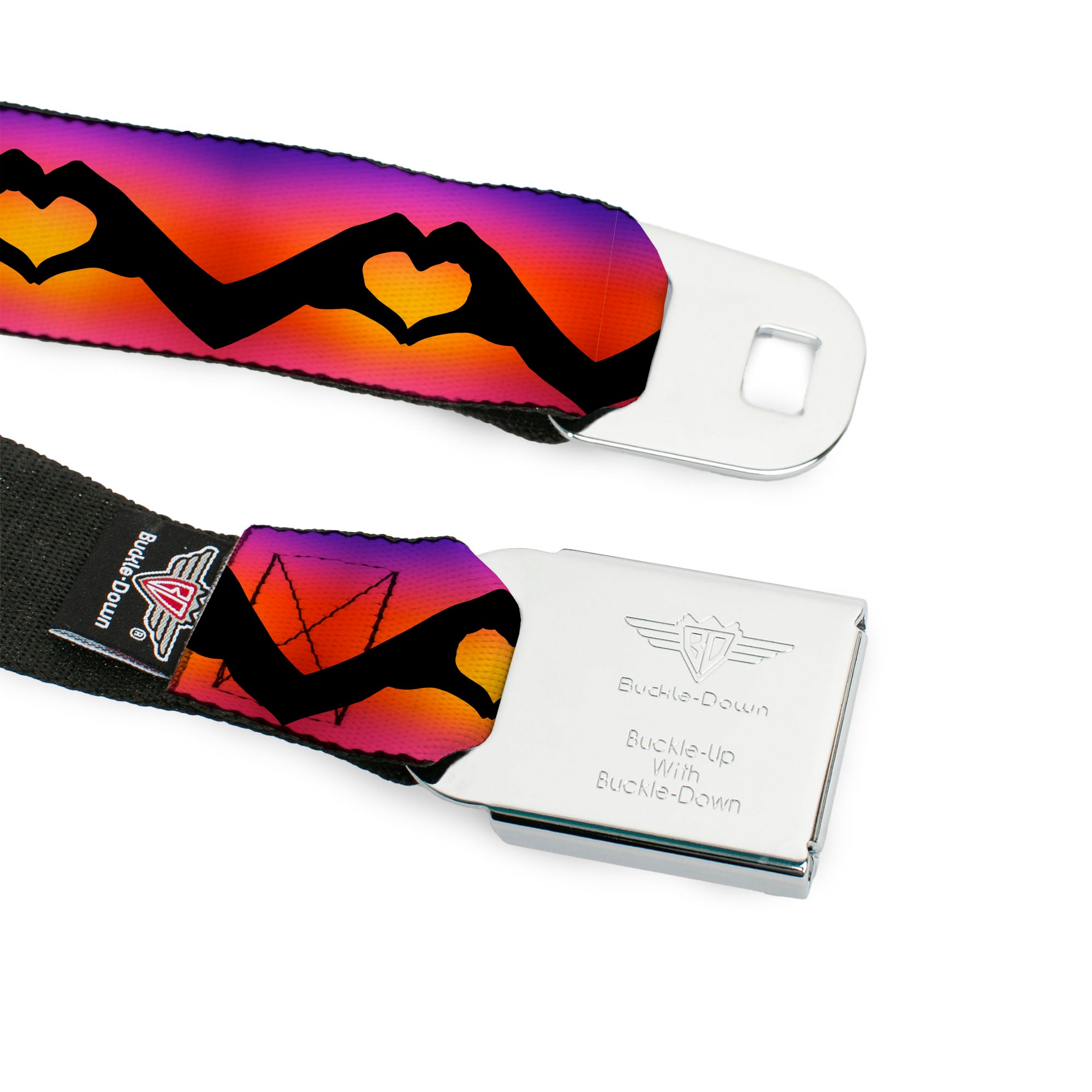 BD Wings Logo CLOSE-UP Black/Silver Seatbelt Belt - Hand Heart Silhouette Ombre Purples/Orange/Pinks Webbing Seatbelt Belts Buckle-Down