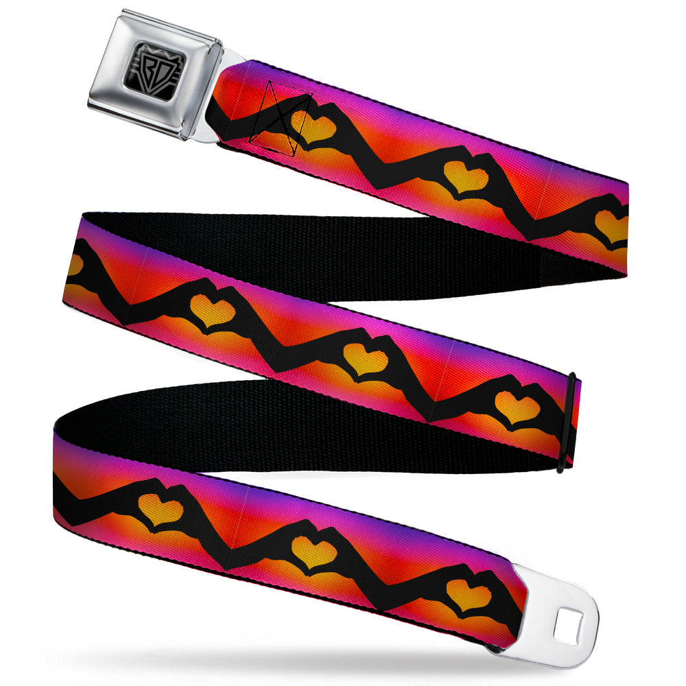 BD Wings Logo CLOSE-UP Black/Silver Seatbelt Belt - Hand Heart Silhouette Ombre Purples/Orange/Pinks Webbing Seatbelt Belts Buckle-Down