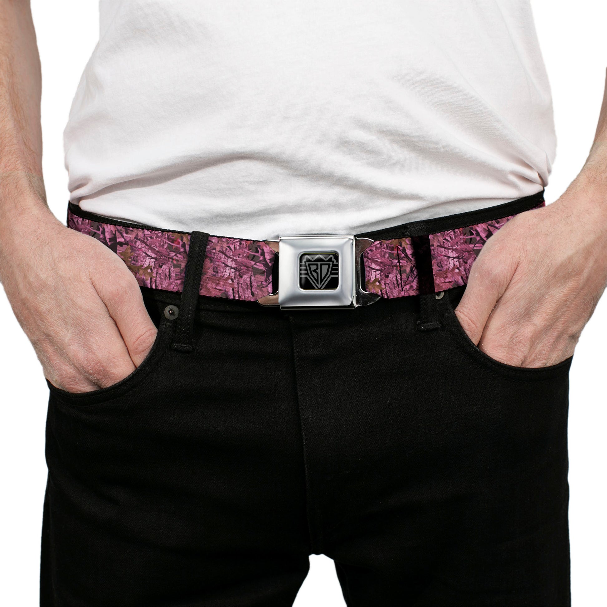 BD Wings Logo CLOSE-UP Full Color Black Silver Seatbelt Belt - Hunting Camo Pinks Webbing Seatbelt Belts Buckle-Down