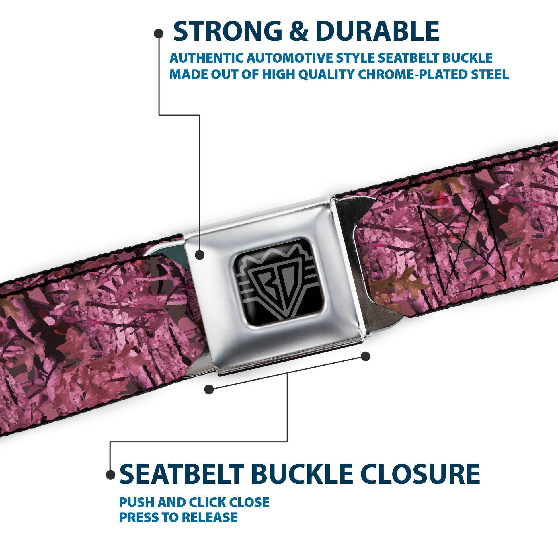 BD Wings Logo CLOSE-UP Full Color Black Silver Seatbelt Belt - Hunting Camo Pinks Webbing Seatbelt Belts Buckle-Down