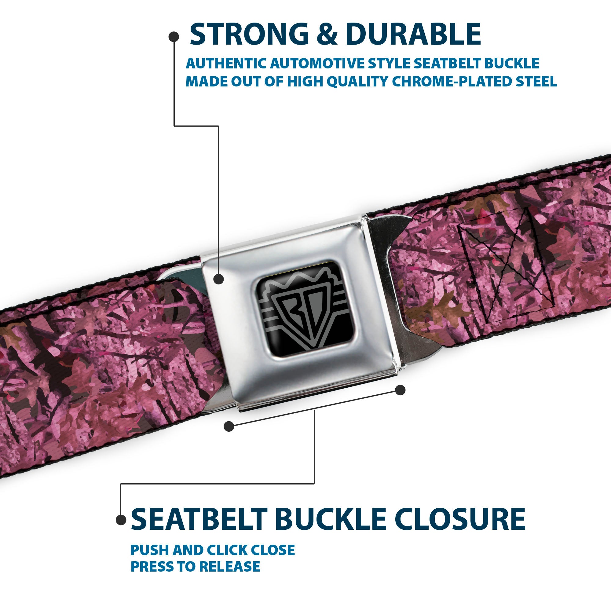 BD Wings Logo CLOSE-UP Full Color Black Silver Seatbelt Belt - Hunting Camo Pinks Webbing Seatbelt Belts Buckle-Down
